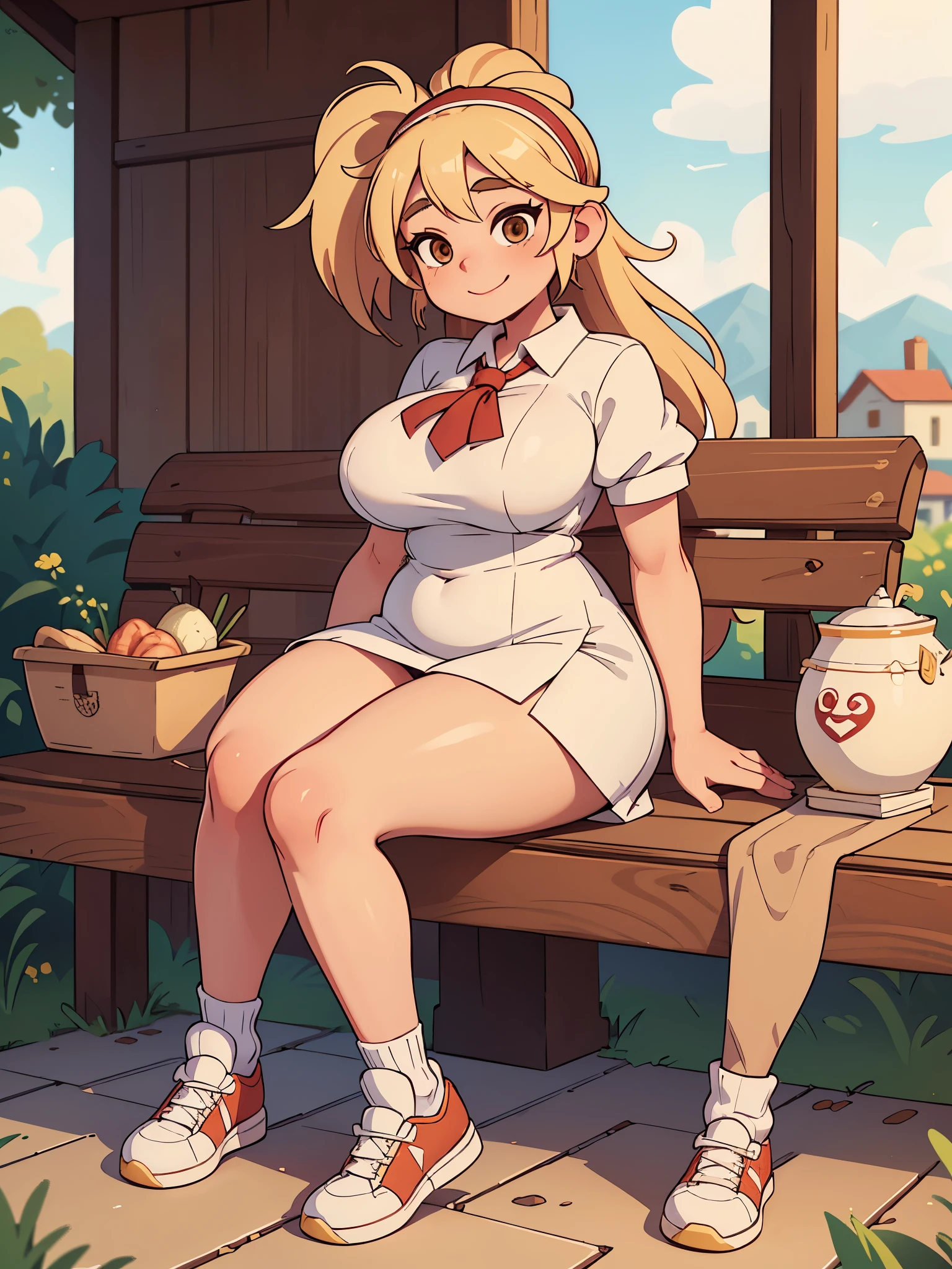 (extremely detailed CG unity 4k wallpaper),(masterpiece),(best quality),(ultra-detailed),(best illustration),(best shadow),(absurdres),(detailed background) cute, pudgy build, white skin, Caucasian, long creamy blonde hair, brown eyes, Daisy dukes, supreme blouse, Jordan sneakers, gucci purse, thick thighs, big ass, big , buxom, pudgy, feminine, female, beautiful woman, big ass, long hair, large breasts, pudgy, teen, brown eyes, muscular legs, toned legs, thick legs, chubby, meaty legs, voluptuous, curvaceous, long legs, Rubenesque legs, plump, ponytail, white dress, white miniskirt, pink headband, loose socks, bulge, black eyeliner, gold color lipstick, Smile, town background, sitting on a bench