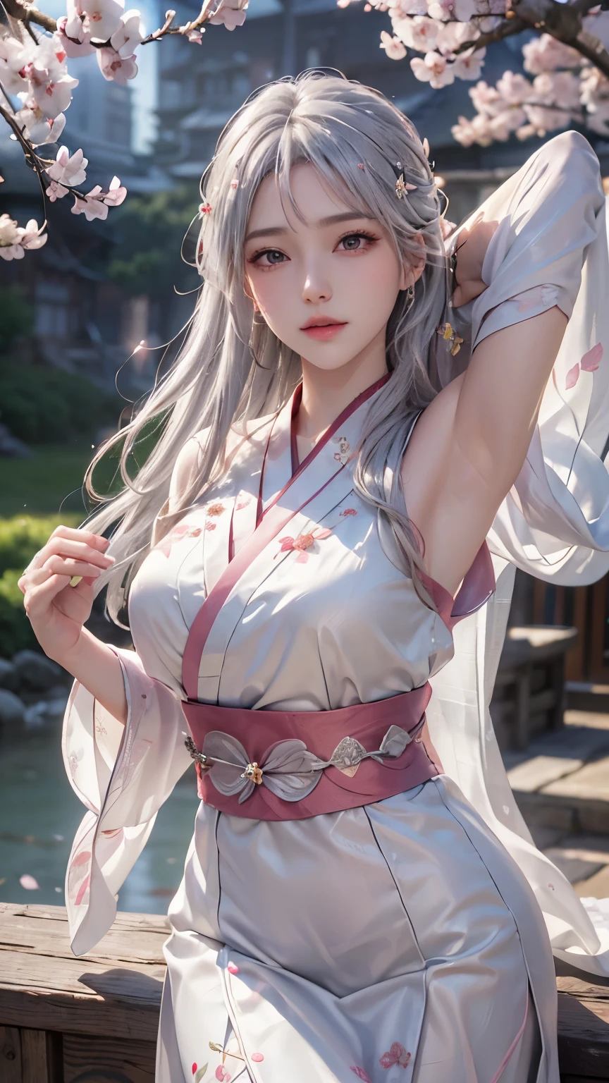 (logo、masterpiece、8k、table top、RAW photo、wonderful、最high quality、Photorealistic and hvery detailed CG integrated 8k wallpaper、high quality、very detailed、narrative poem、particle effects、dynamic effects、Depth of the bounds written、cinematic light、Lens flare、ray tracing)、fantasy、 (1 beautiful woman、white kimono、Japan Dresses、White cherry blossom embroidery pattern、silver haired、beautiful face、real face、beautiful detail eyes、beautiful skin、woman dancing gracefully:1.4、woman dancing gracefully:1.4)、Hair flutters in Wind、hair bounces、髪がWindで踊る、hair jump、night、Wind、Spectacular view、美しい自然のWind景、night空、Spectacular view、Wind、god々、tooth、god話、vast land、pink cherry tree、petals dance、SakuraFubuki、Falling petals