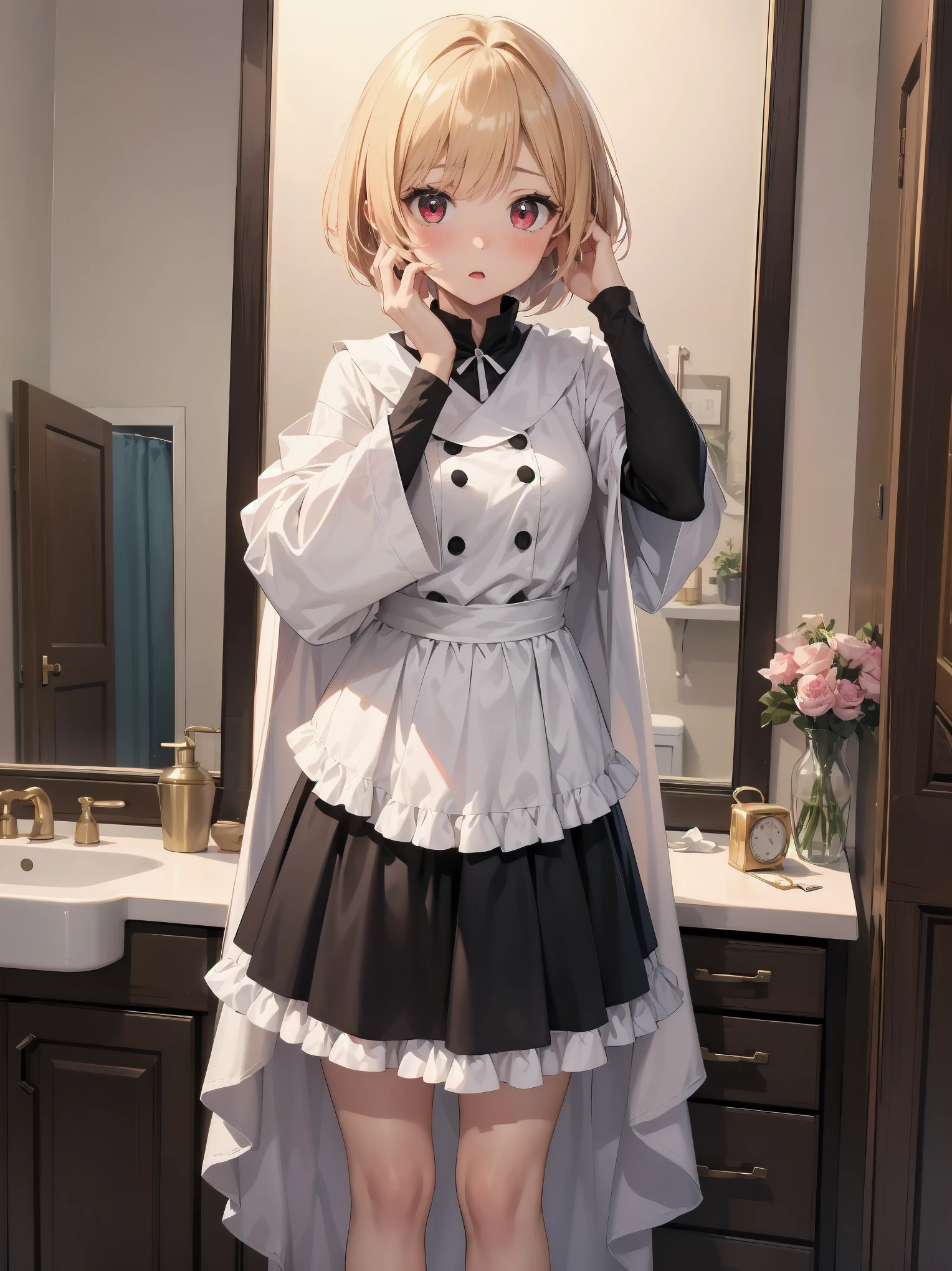 ((put your hand on your face)), ((surprised)), (Looking at the front)), (blush), 1 girl, 、young、Chibi、blonde, red eyes, braided hair, bob cut, Fantasy style neat costume, saint、 frills, robe, long skirt, black tights, white cloak, sink, Bathroom, mirror, concept art, beautiful anime scene, beautiful anime scenery, highest quality, ((masterpiece))