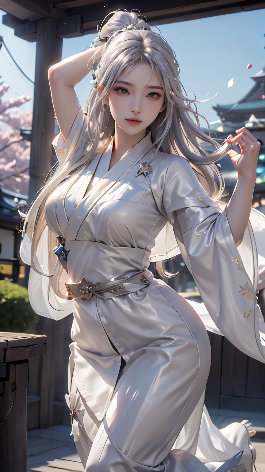 (logo、masterpiece、8k、table top、RAW photo、wonderful、最high quality、Photorealistic and hvery detailed CG integrated 8k wallpaper、high quality、very detailed、narrative poem、particle effects、dynamic effects、Depth of the bounds written、cinematic light、Lens flare、ray tracing)、fantasy、 (1 beautiful woman、white kimono、Japan Dresses、silver haired、beautiful face、real face、beautiful detail eyes、beautiful skin、woman dancing gracefully:1.7、woman dancing gracefully:1.7)、Hair flutters in Wind、hair bounces、髪がWindで踊る、hair jump、night、Wind、god々、tooth、god話、vast land、Spectacular view、美しい自然のWind景、night空、Wind、pink cherry tree、petals dance、SakuraFubuki、Falling petals