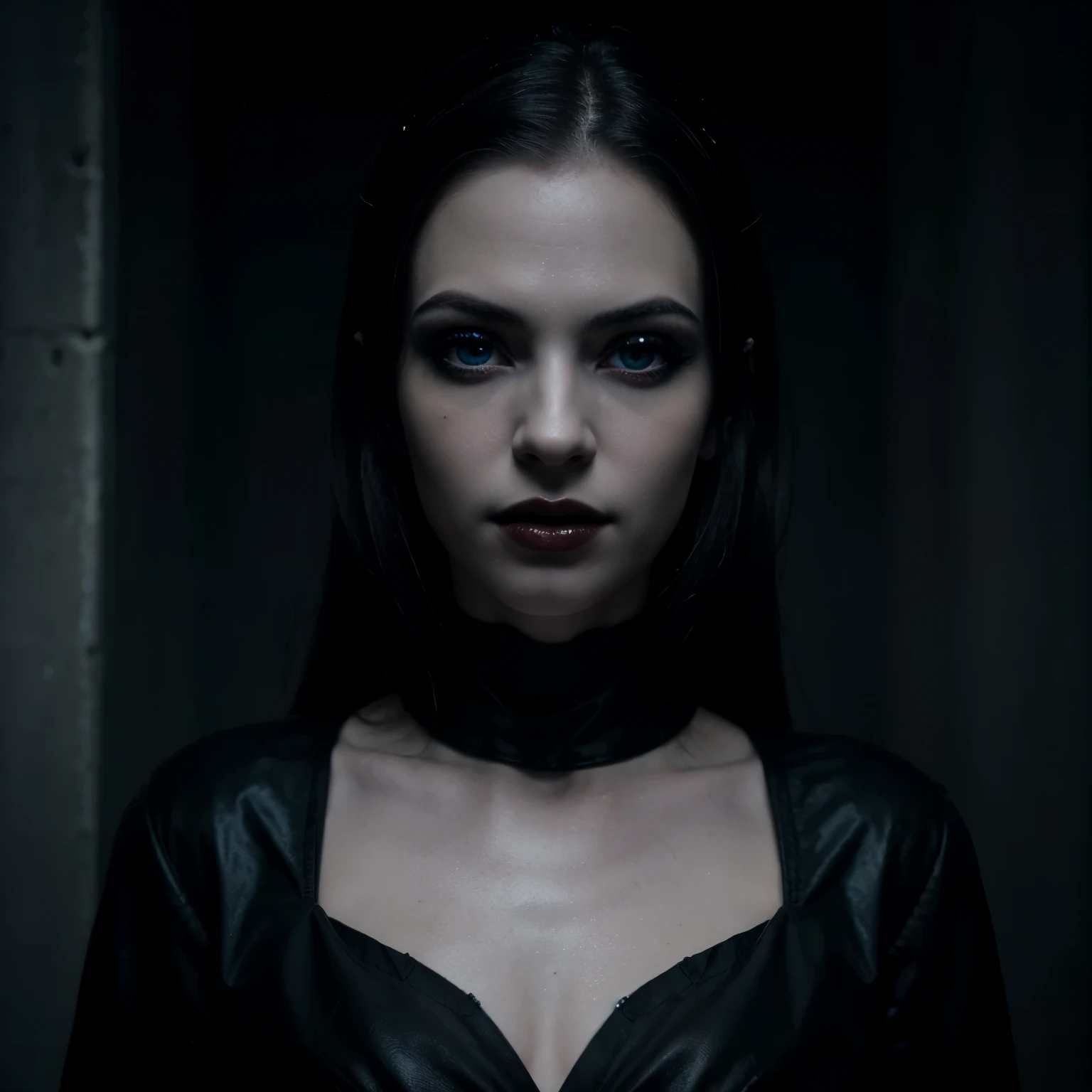 Masterpiece based on the film Hellraiser, female Cenobite from hellraiser, very pale skin, beautiful face, colourless eyes, (snarling mouth), shiny black braided hair, many head nails, (tears of blood from the corners of the eyes), bloody tears, spiky leather costume, in a dungeon, cowboy shot