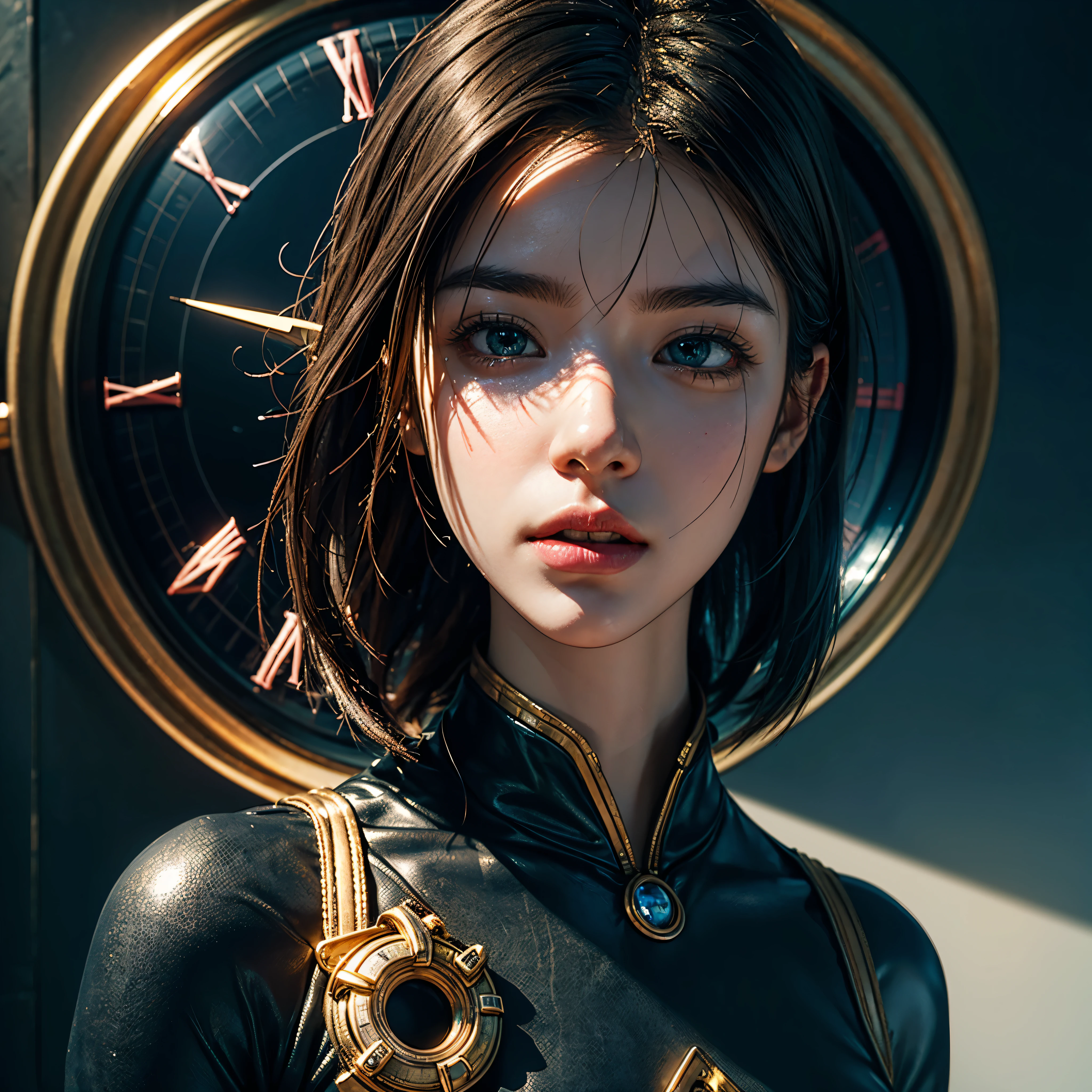 xyzahri, white hair, 1girl, 3d render, cgi, , portrait, solo, half shot, looking up, detailed background, detailed face, dystopian [futuristic|timeless], impossible space, circular patterns, (style-swirlmagic:1.0), hourglass, clockwork, clock gears, cosmic space in background, epic atmosphere varies multi etc. --v6 --s1000 --c20 --q5 --chaos100
