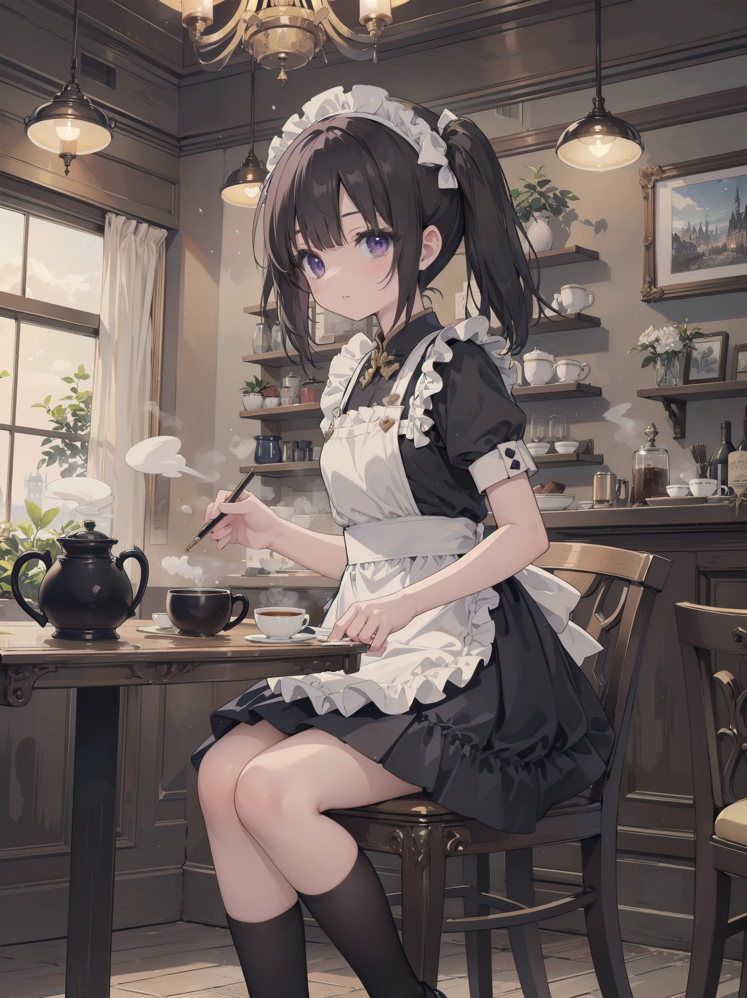 「In the middle of a bustling city、There is a quaint little café that looks like something out of a fairy tale。Its name is also「Maiden Enchantment」。It is famous for its unique theme of maid cafes..。Chandeliers suspended from the ceiling、Luxurious velvet chair、Wall decorated with intricate wallpaper, etc.、Victorian elegance blends modern chic。 In the middle of this enchanting environment is、It's Yuki, The protagonist.。『Maiden Enchantment』Although it is a maid of、More than just a maid。Jet-black hair tied into twin tails、Snow white apron over a navy blue dress、knee high socks、And she in polished black shoes、Embodies the perfect blend of elegance and charm。Her deep purple eyes are、Always shines with mischievous spirit and curiosity。 Yuki is not known only for her impeccable appearance。She is the heart and soul of the café。With a melodious voice like a nightingale、She often serenades classic ballads and modern hits to clientake your customer experience truly magical。She also、All your favorite dishes and、There is also a talent for learning coffee and tea preferences.。 however、What really sets Yuki apart is、It is her uncanny ability to know what someone needs。Be a kind word、attention、Or even fully brewed tea.、She always knows how to make someone's day better。 The sun goes down、When the fairy light in the café begins to shine、You can see Yuki writing her thoughts in her diary at her favorite place by the window。Some say that this is a collection of stories from her café, others、Some believe that it is a story of her own dreams and aspirations。 The overall image is、Everyday café life meets a bit of magic and wonder、It should capture the essence of Yuki's world。From the lace on Yuki's apron to the steam rising from her teacup、Carefully expressed every detail.、Beholder『Maiden Enchantment』It has become a masterpiece that will take you straight into the world。」、 Beautiful bare pubic hair ,more_Details:1.3, more_Details:1.8、(a blond:1.5)、Red Eyes、(((The left pupil is star-shap