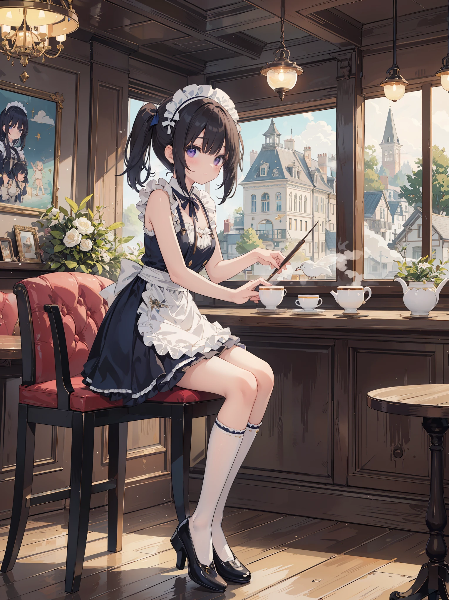 「In the middle of a bustling city、There is a quaint little café that looks like something out of a fairy tale。Its name is also「Maiden Enchantment」。It is famous for its unique theme of maid cafes..。Chandeliers suspended from the ceiling、Luxurious velvet chair、Wall decorated with intricate wallpaper, etc.、Victorian elegance blends modern chic。 In the middle of this enchanting environment is、It's Yuki, The protagonist.。『Maiden Enchantment』Although it is a maid of、More than just a maid。Jet-black hair tied into twin tails、Snow white apron over a navy blue dress、knee high socks、And she in polished black shoes、Embodies the perfect blend of elegance and charm。Her deep purple eyes are、Always shines with mischievous spirit and curiosity。 Yuki is not known only for her impeccable appearance。She is the heart and soul of the café。With a melodious voice like a nightingale、She often serenades classic ballads and modern hits to clientake your customer experience truly magical。She also、All your favorite dishes and、There is also a talent for learning coffee and tea preferences.。 however、What really sets Yuki apart is、It is her uncanny ability to know what someone needs。Be a kind word、attention、Or even fully brewed tea.、She always knows how to make someone's day better。 The sun goes down、When the fairy light in the café begins to shine、You can see Yuki writing her thoughts in her diary at her favorite place by the window。Some say that this is a collection of stories from her café, others、Some believe that it is a story of her own dreams and aspirations。 The overall image is、Everyday café life meets a bit of magic and wonder、It should capture the essence of Yuki's world。From the lace on Yuki's apron to the steam rising from her teacup、Carefully expressed every detail.、Beholder『Maiden Enchantment』It has become a masterpiece that will take you straight into the world。」、 Beautiful bare pubic hair ,more_Details:1.3, more_Details:1.8、(a blond:1.5)、Red Eyes、(((The left pupil is star-shap
