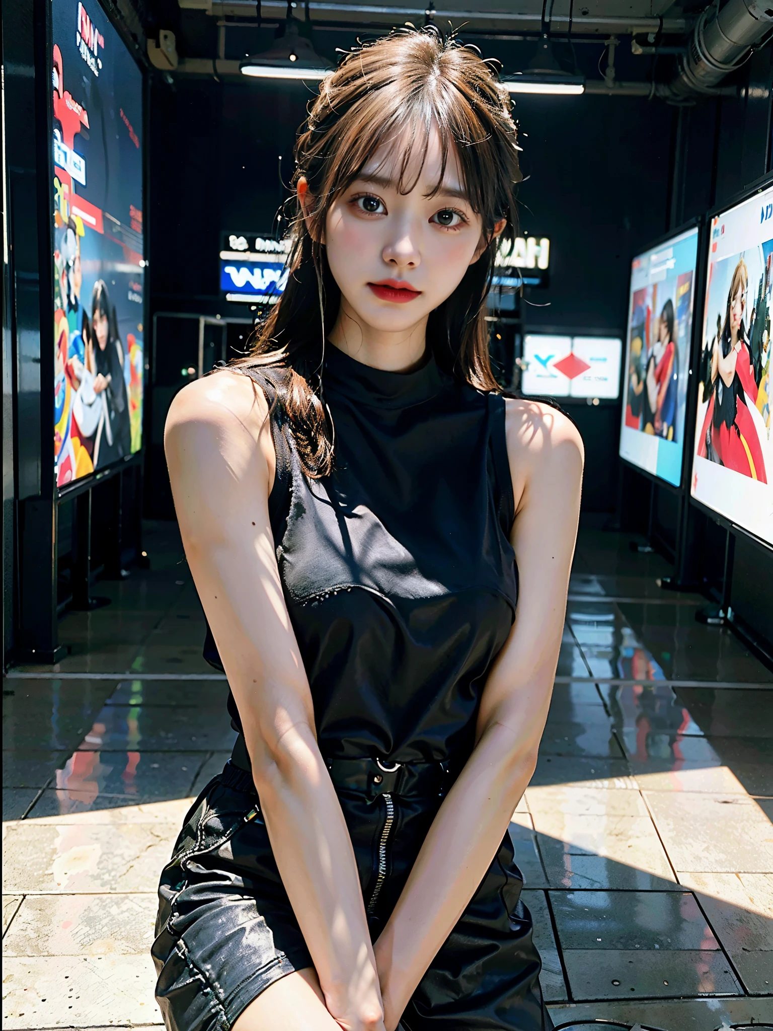 1 japanese girl, h cup breast, wolf cut dark hair, detailed eyes, pink lips, sensual neck, blue thin blouse, black stocking,film lighting, neon, photoshot from head to toe, slender leg, sexy pose