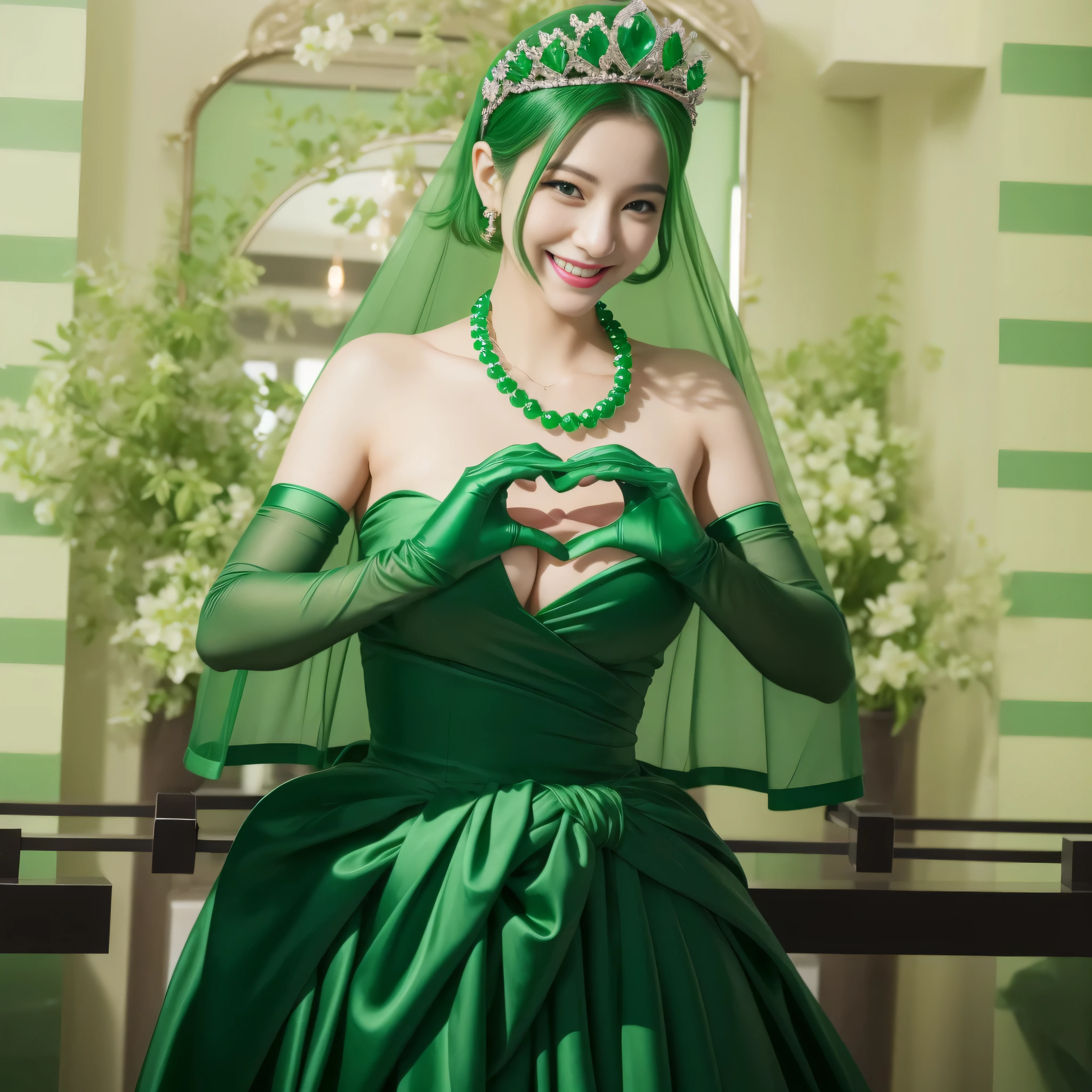 emerald tiara, Green Pearl Necklace, ボーイッシュな非常に短いgreen hair, lipstick, smiling Japanese woman, very short hair,  beauty of big breasts, green eyes, green satin long gloves, green eyes, emerald earrings, Green veil, Heart with both hands, green hair, beautiful japanese woman, heart shaped hands:1.3, green lip gloss