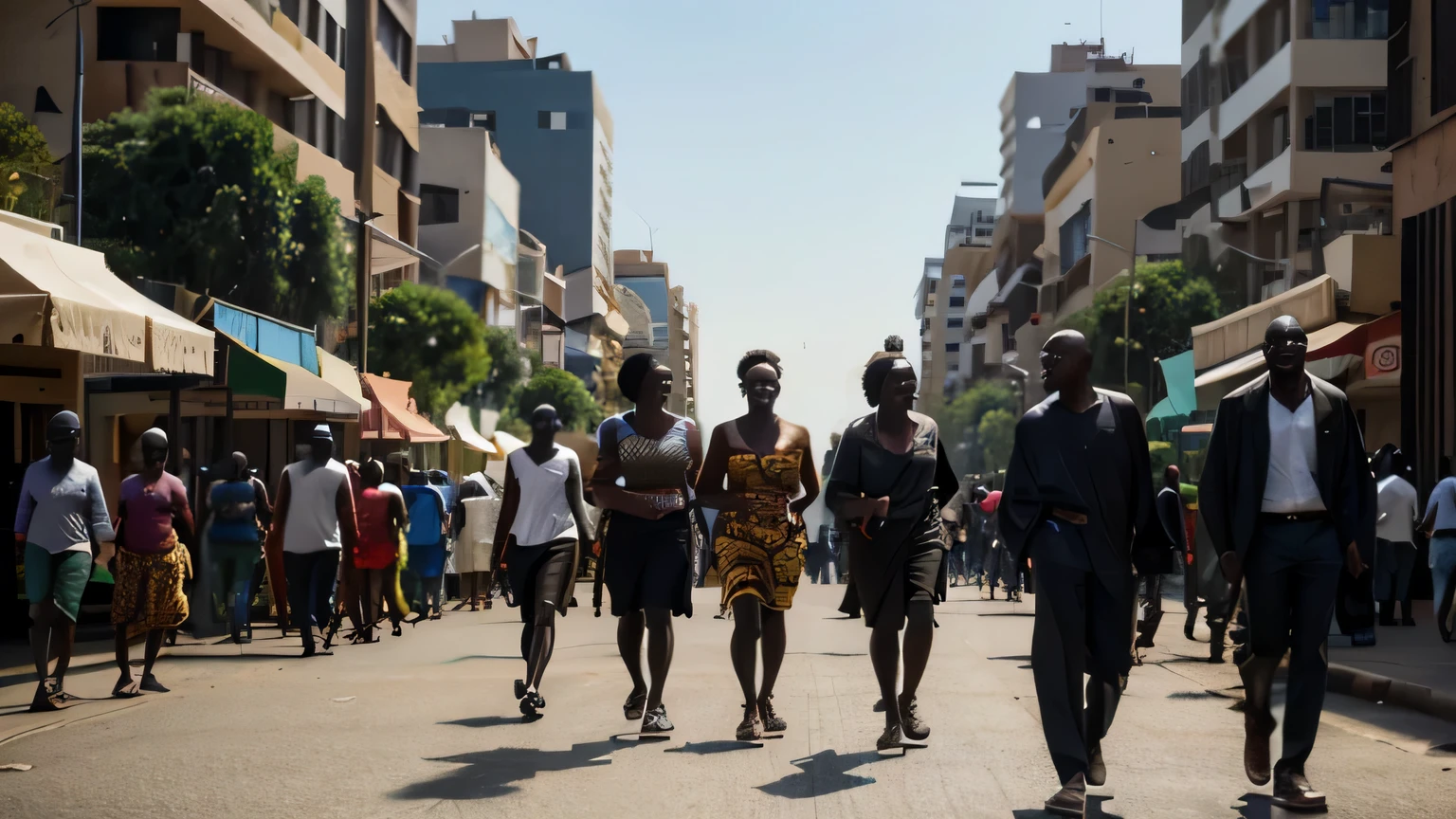 3 africans women, full naked, beautifull face, about 45 years old, very tall body, six pack and atlethic body, big hips, big natural tits, heavy tits, hairy pussy, big smile, high heels, walking down in bussy street in the rush hour city