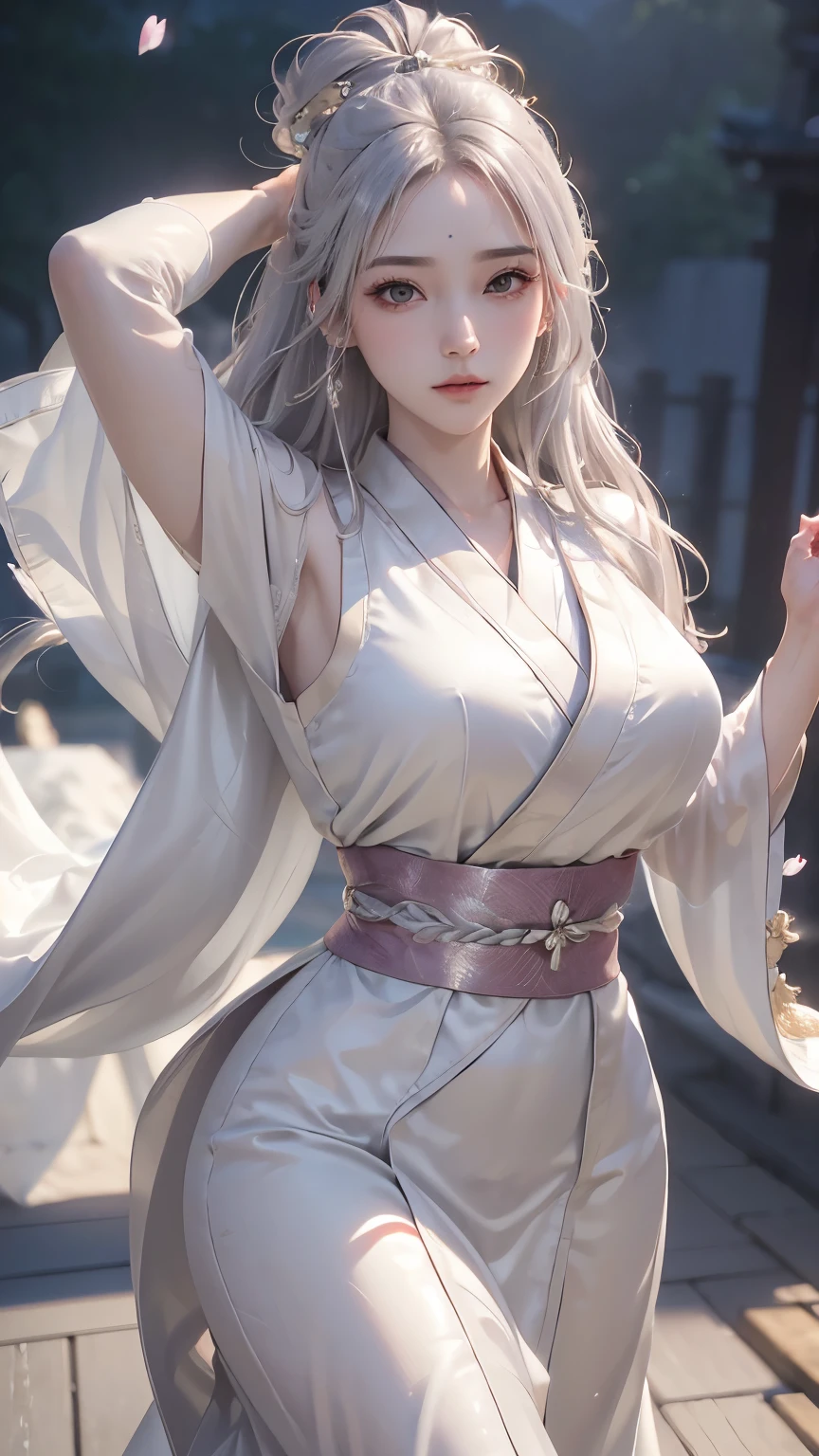 (logo、masterpiece、8k、table top、RAW photo、wonderful、最high quality、Photorealistic and hvery detailed CG integrated 8k wallpaper、high quality、very detailed、narrative poem、particle effects、dynamic effects、Depth of the bounds written、cinematic light、Lens flare、ray tracing)、fantasy、 (1 beautiful woman、white kimono、Japan Dresses、silver haired、beautiful face、real face、beautiful detail eyes、beautiful skin、woman dancing gracefully:1.7、woman dancing gracefully:1.7)、Hair flutters in Wind、hair bounces、髪がWindで踊る、hair jump、night、Wind、god々、tooth、god話、vast land、Spectacular view、美しい自然のWind景、night空、Wind、pink cherry tree、petals dance、SakuraFubuki、Falling petals