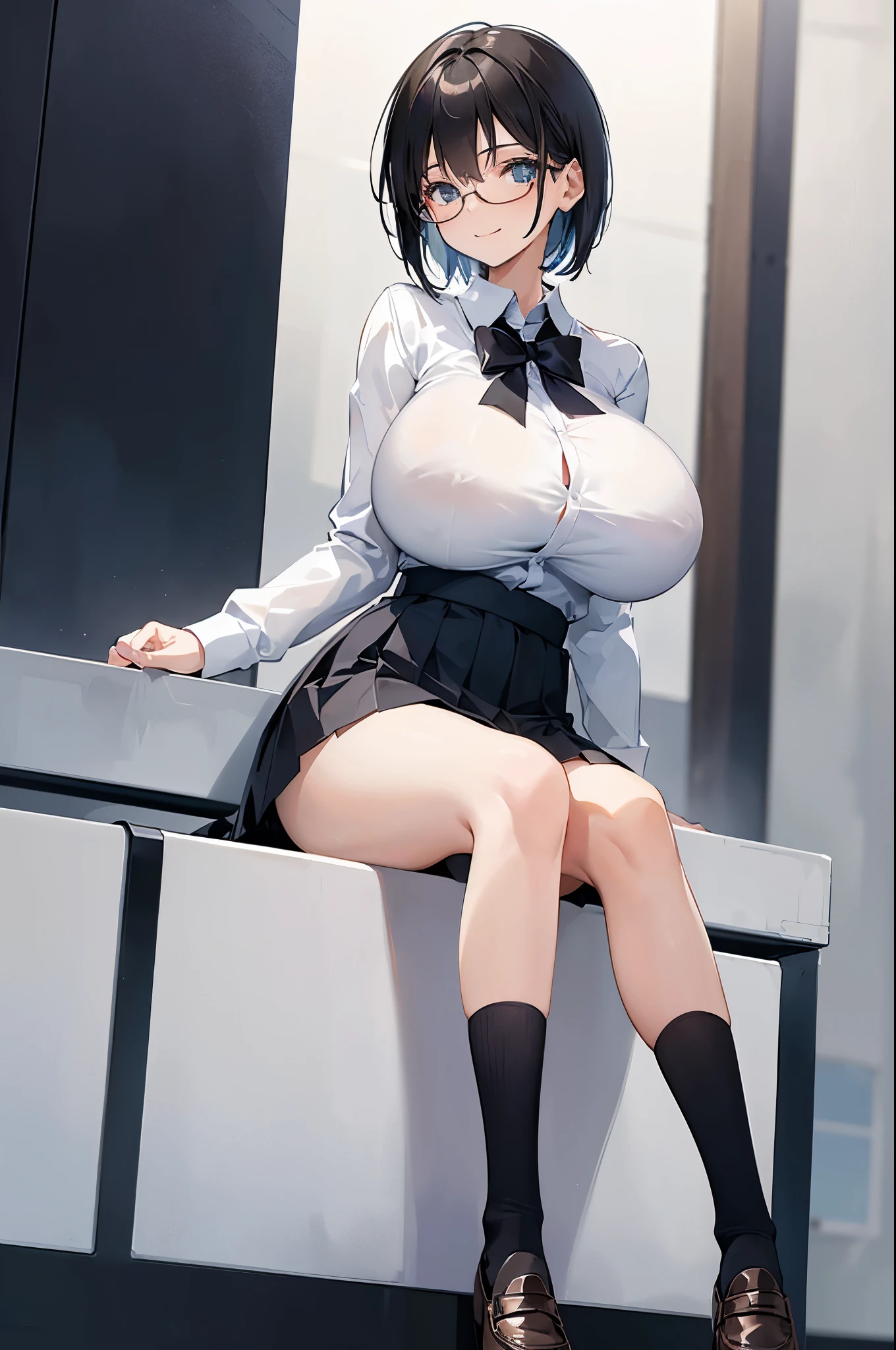 1 girl, glasses, (full body:1.2), sitting, (angle from below:1.1), (angle from the side:1.1), smile, (slim body:1.2), (huge breasts:1.3), (slender and long legs:1.1), black hair, short hair, white long sleeve shirt, pleated skirt, (dark blue high socks:1.1), brown loafers,