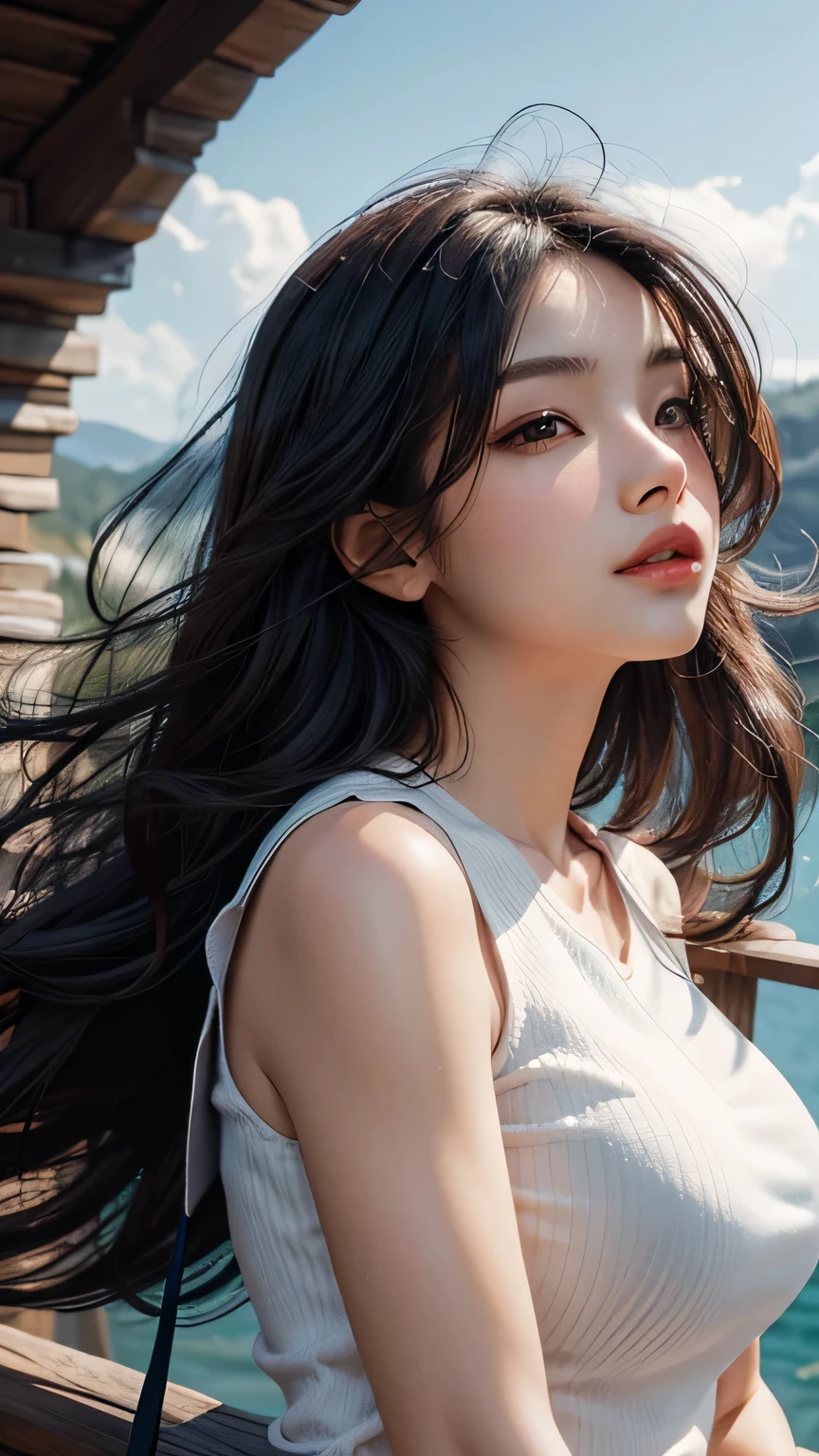 Best Quality, photorealistic, ultra-detailed, finely detailed, high resolution, perfect dynamic composition, sharp-focus, 1 girl, long black hair, wavy hair, sexy lips, medium breast, shinny skin, white shirt, sleeveless, upper body, scenery