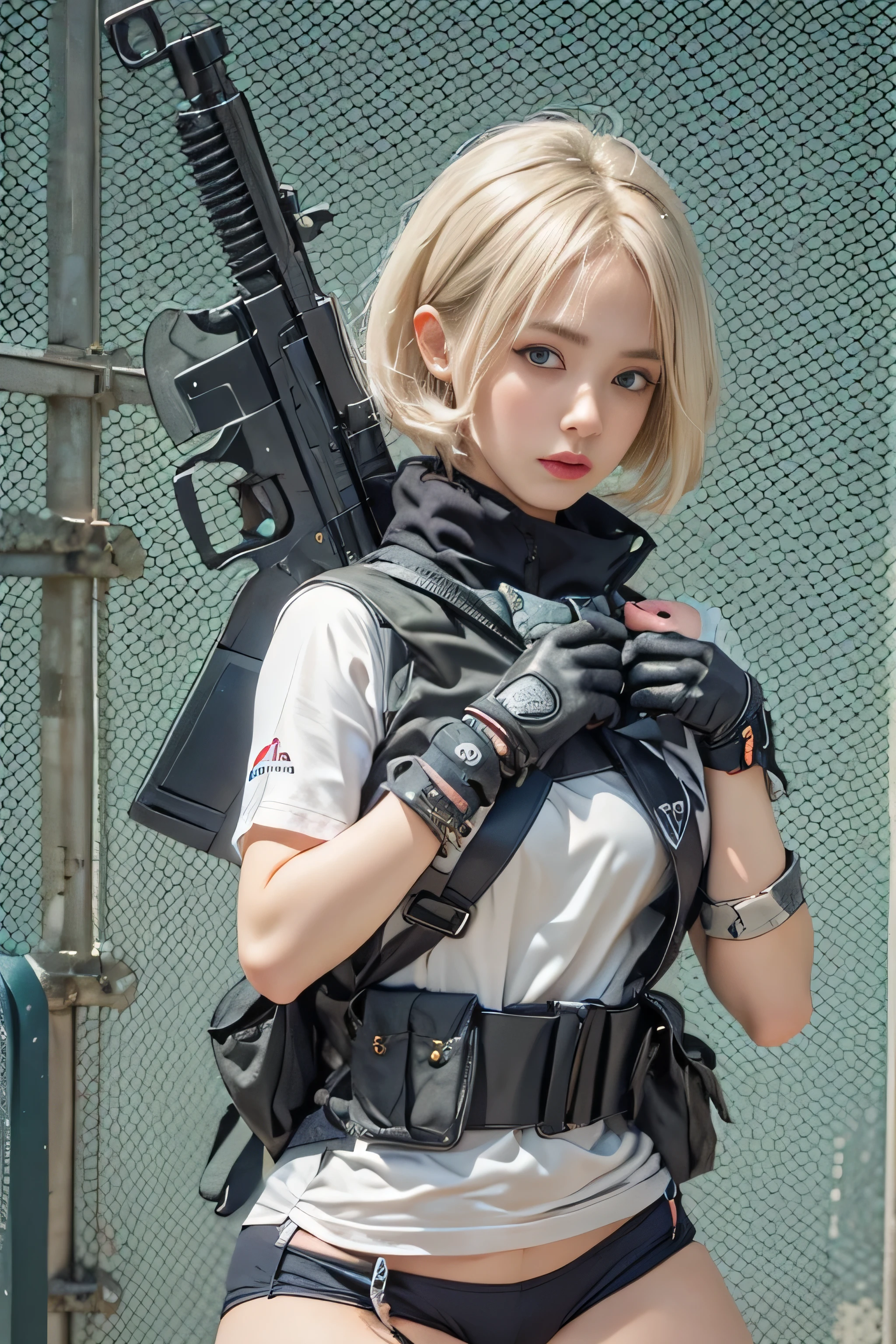 RAW image quality, realistic, High resolution, 1 female, , Japanese, blonde, straight short bob hair, ribbon, alone, sexy, hip up, show viewer, (detailed face), swat vest, gun, jewelry, (nishikigi chisato),