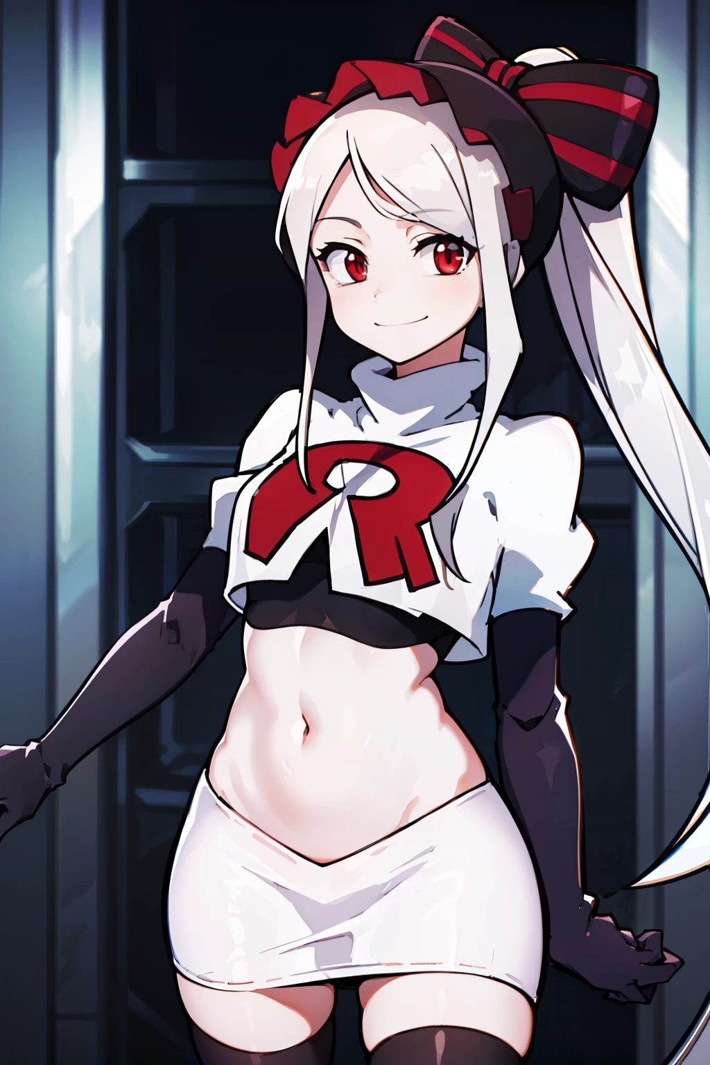 absurdres, highres, ultra detailed, shalltear, gray hair, red eyes, bonnet, hair bow, ponytail, smile, (looking at viewer:1.2), team rocket uniform, red letter R, white skirt,white crop top,black thigh-highs, black elbow gloves