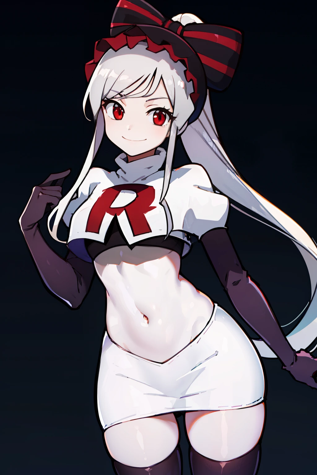 absurdres, highres, ultra detailed, shalltear, gray hair, red eyes, bonnet, hair bow, ponytail, smile, (looking at viewer:1.2), team rocket uniform, red letter R, white skirt,white crop top,black thigh-highs, black elbow gloves