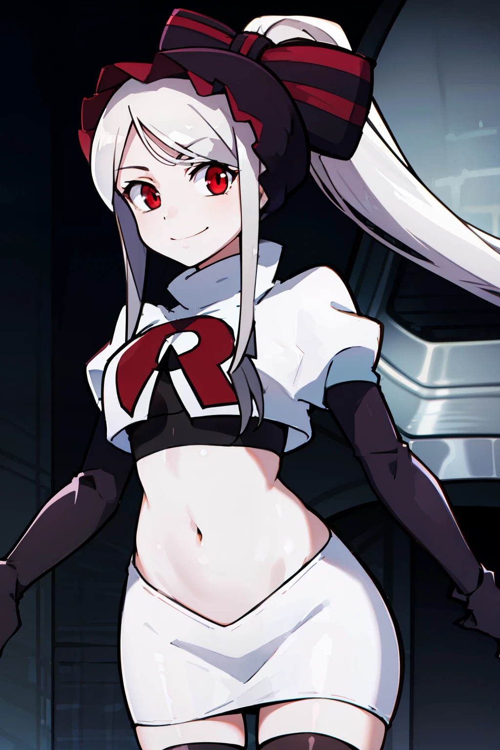 absurdres, highres, ultra detailed, shalltear, gray hair, red eyes, bonnet, hair bow, ponytail, smile, (looking at viewer:1.2), team rocket uniform, red letter R, white skirt,white crop top,black thigh-highs, black elbow gloves