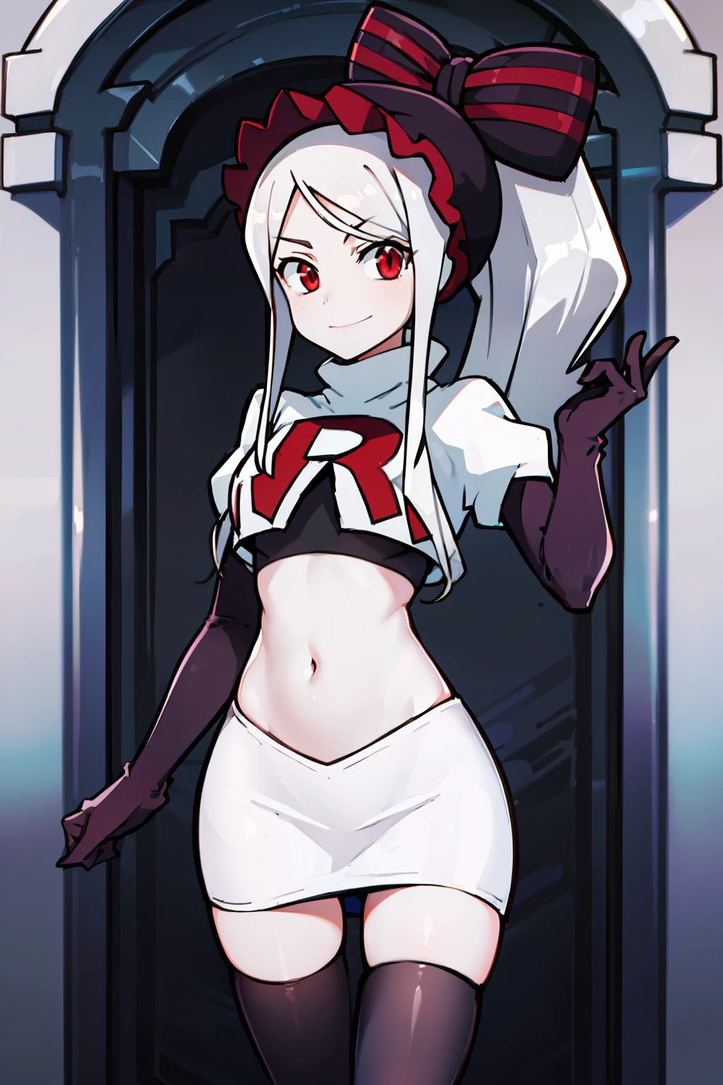 absurdres, highres, ultra detailed, shalltear, gray hair, red eyes, bonnet, hair bow, ponytail, smile, (looking at viewer:1.2), team rocket uniform, red letter R, white skirt,white crop top,black thigh-highs, black elbow gloves