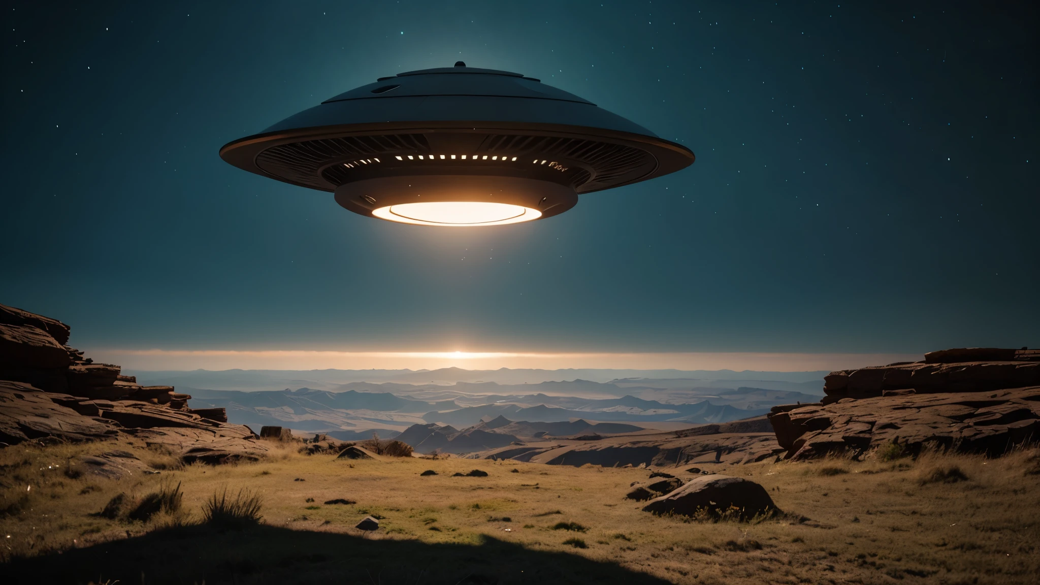An unidentified flying object (UFO) hovering over a darkened landscape.