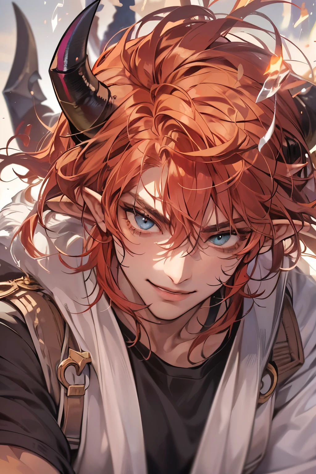 (table top, digital art, digital illustration, 4k, 8k, Super detailed, beautiful images, clear image, realistic, RAW photo, perfect face, perfect lines, perfect eyes, soft lighting) 1 male human, (redhead、long hair、amber eyes,messy hair、bullish look,Smile confidently、devil、It has two black horns on its head...、Pointed elf-like ears、32 years old:1.3),ハンサムなmale性, (White T-shirt with dowel dowel、vest、muscular、Thin macho,solid shoulder width, male:1.2),足を組んでking座に座る、king、Demon king、hair blowing in the wind、Healthy tanned skin、desert oasis、