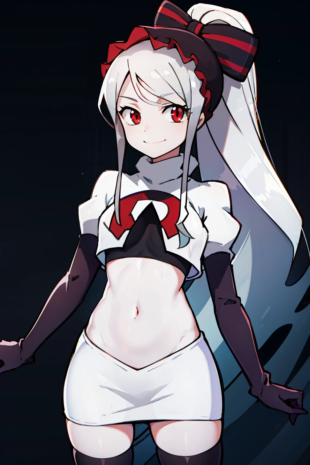 absurdres, highres, ultra detailed, shalltear, gray hair, red eyes, bonnet, hair bow, ponytail, smile, (looking at viewer:1.2), team rocket uniform, red letter R, white skirt,white crop top,black thigh-highs, black elbow gloves