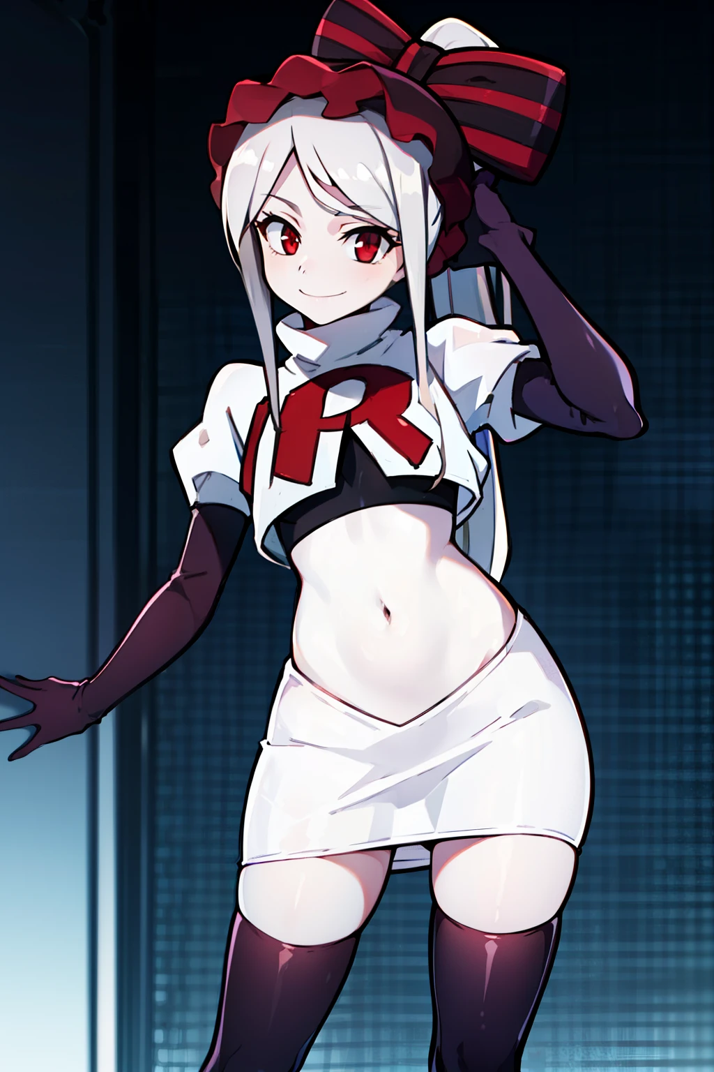 absurdres, highres, ultra detailed, shalltear, gray hair, red eyes, bonnet, hair bow, ponytail, smile, (looking at viewer:1.2), team rocket uniform, red letter R, white skirt,white crop top,black thigh-highs, black elbow gloves