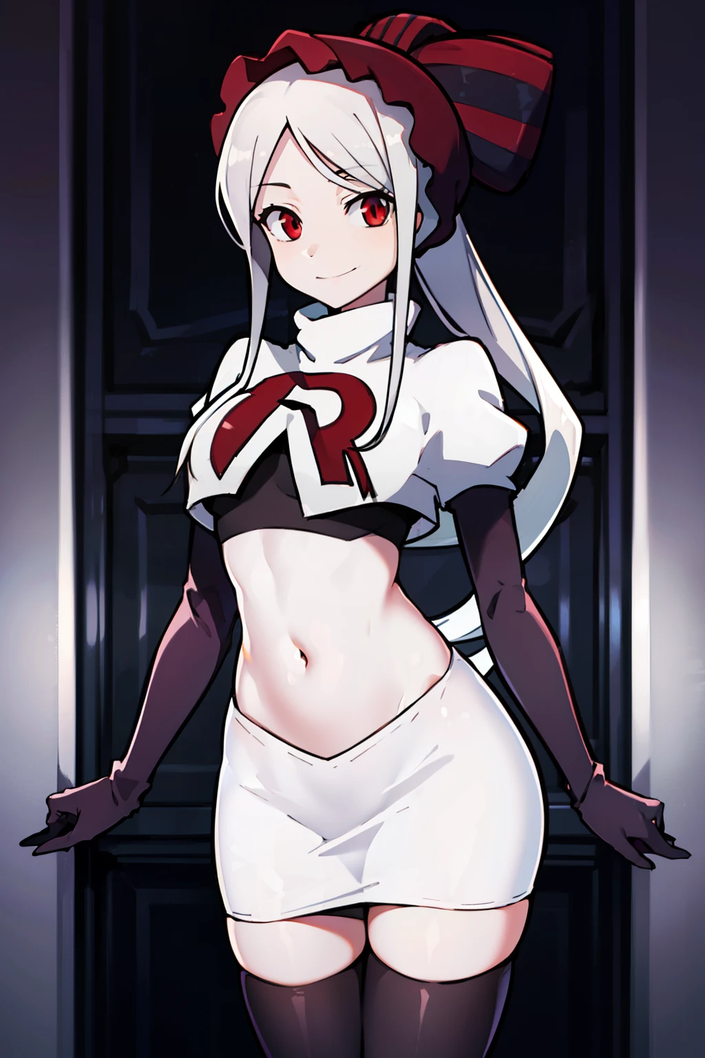 absurdres, highres, ultra detailed, shalltear, gray hair, red eyes, bonnet, hair bow, ponytail, smile, (looking at viewer:1.2), team rocket uniform, red letter R, white skirt,white crop top,black thigh-highs, black elbow gloves