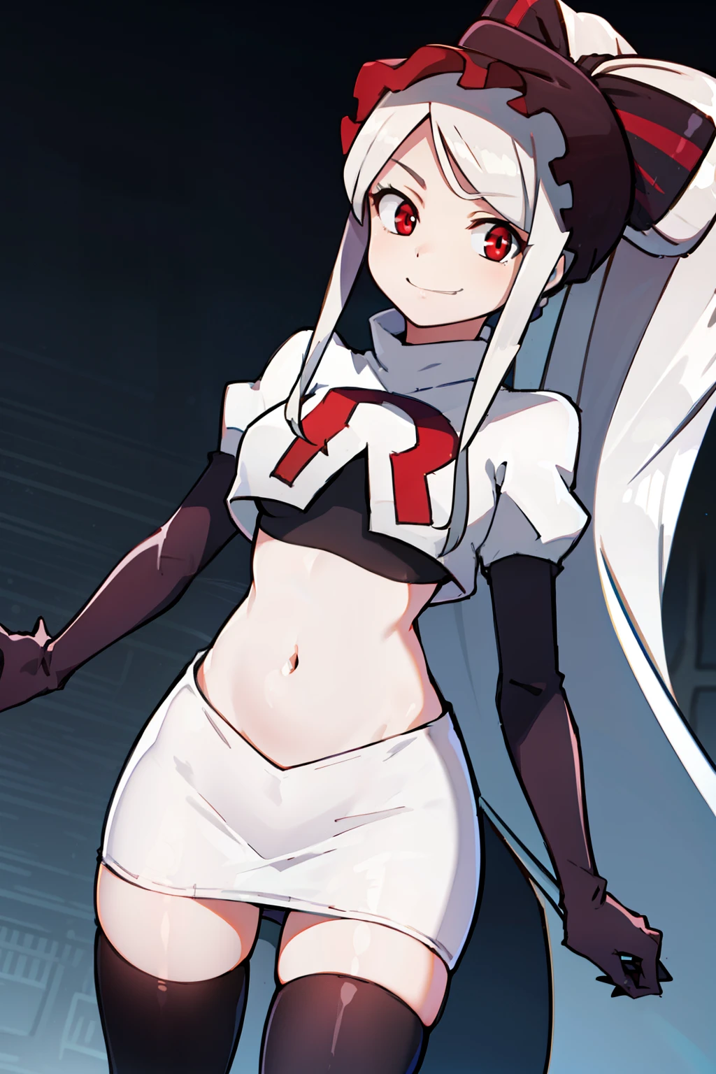 absurdres, highres, ultra detailed, shalltear, gray hair, red eyes, bonnet, hair bow, ponytail, smile, (looking at viewer:1.2), team rocket uniform, red letter R, white skirt,white crop top,black thigh-highs, black elbow gloves