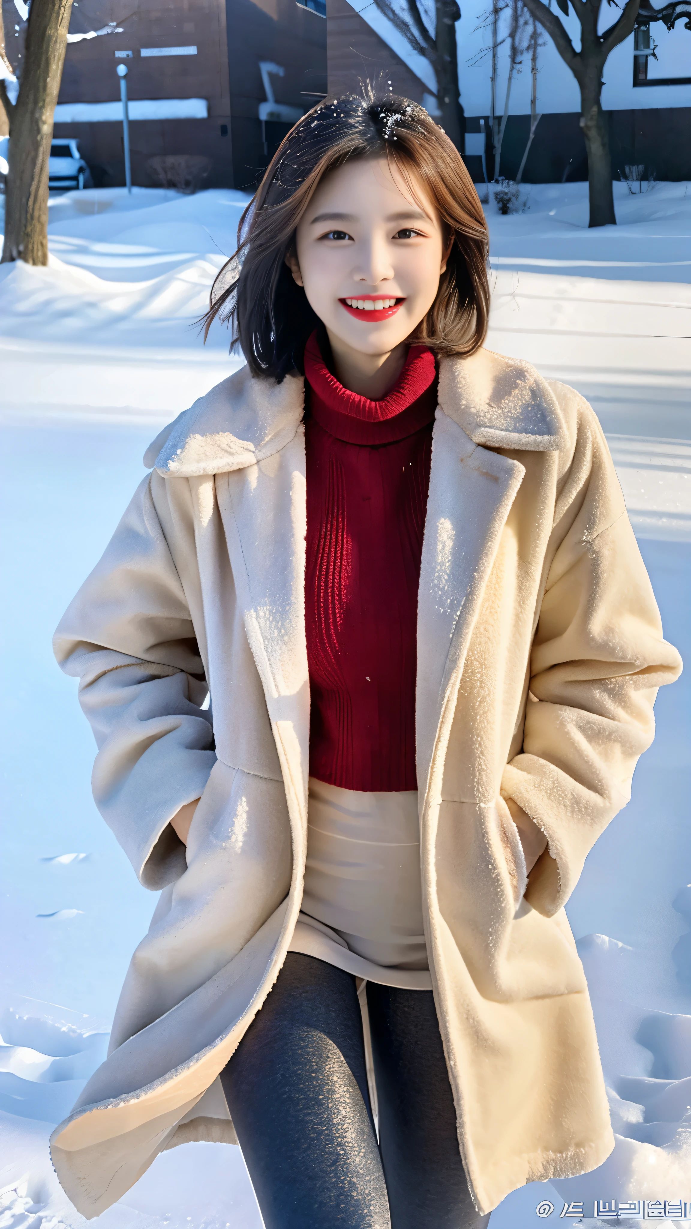 best quality, 4K, 8 thousand, detailed face, clear face, full body photo，Beautiful girl, korean makeup, red lips, laugh, perfect body,short hair that reaches the shoulders,small,I have long legs,slim,thin, girl wearing a long and wide coat, Underneath the jacket is a top tube and leggings...., lower abdomen, snow landscape, winters, distance,