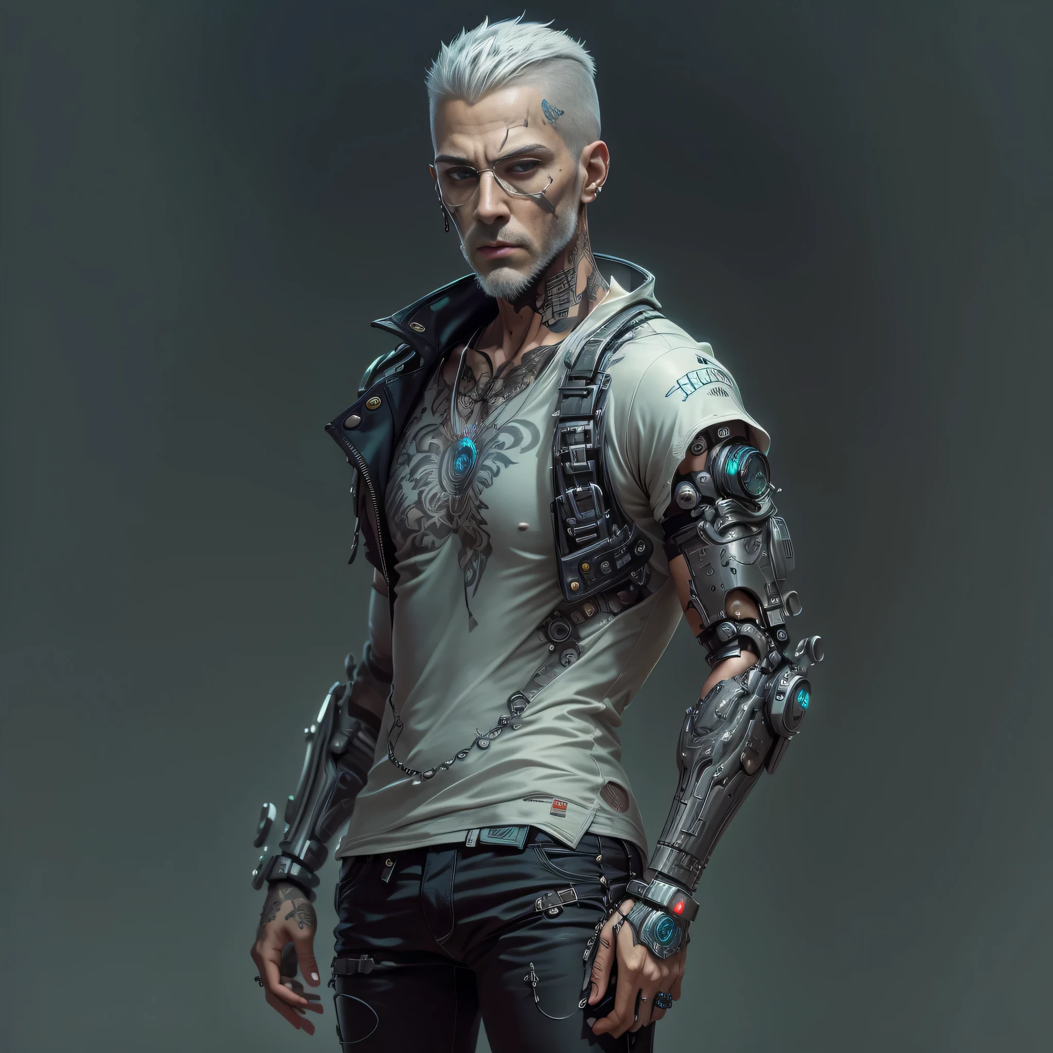 thin man, serious face, male,gray hair, barba curta, with cybernetic arm, robotic arm, with robotic prosthesis,implants on face,wearing comfortable clothes, jeans cinza, camisa regata cinza, t-shirt, shirt, tattoo on upper arm,with all hair shaved, very short hair, full body, cyberpunk, dark cyberpunk, futuristic.