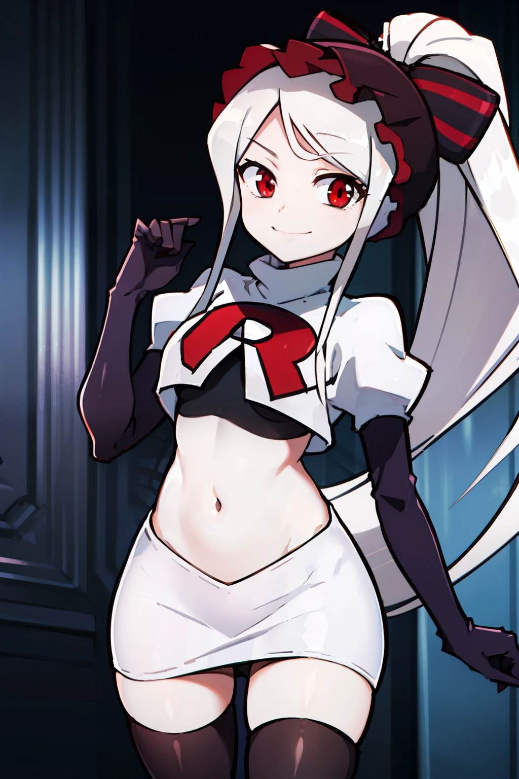 absurdres, highres, ultra detailed, shalltear, gray hair, red eyes, bonnet, hair bow, ponytail, smile, (looking at viewer:1.2), team rocket uniform, red letter R, white skirt,white crop top,black thigh-highs, black elbow gloves