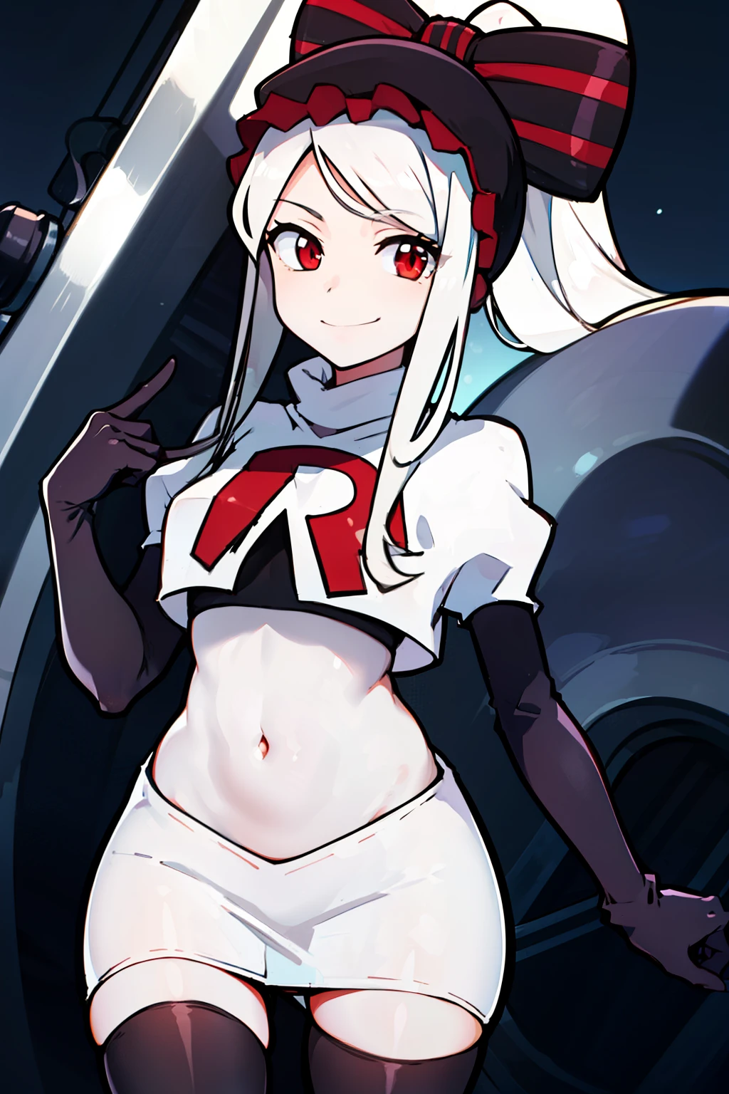 absurdres, highres, ultra detailed, shalltear, gray hair, red eyes, bonnet, hair bow, ponytail, smile, (looking at viewer:1.2), team rocket uniform, red letter R, white skirt,white crop top,black thigh-highs, black elbow gloves