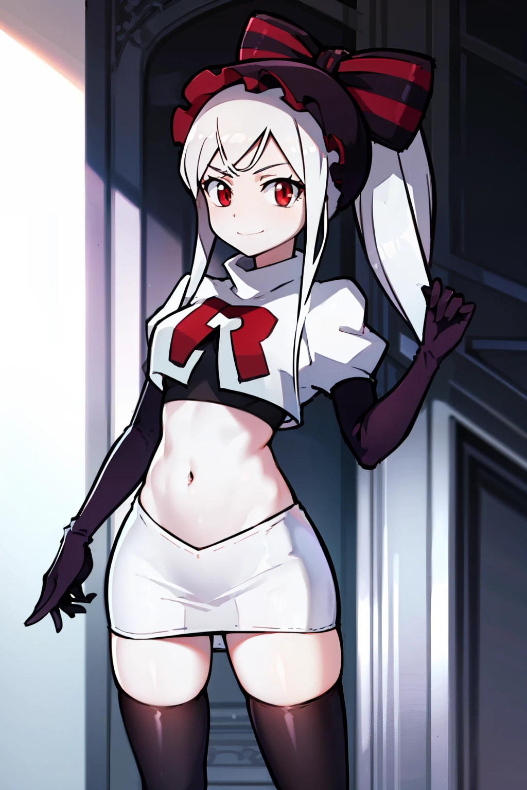 absurdres, highres, ultra detailed, shalltear, gray hair, red eyes, bonnet, hair bow, ponytail, smile, (looking at viewer:1.2), team rocket uniform, red letter R, white skirt,white crop top,black thigh-highs, black elbow gloves