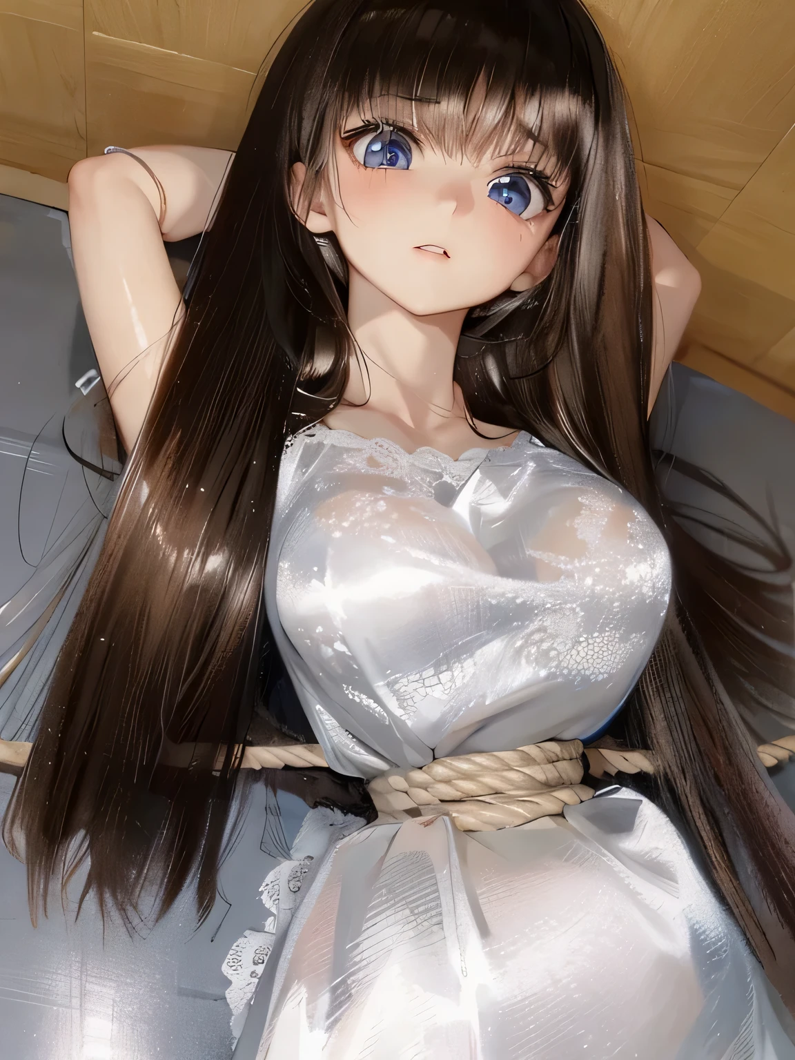 ((masterpiece)), ((highest quality)), (super detailed), torture chamber,(((Waist bound tightly with rope))),pretty girl, 1 girl, alone, ,beautiful hair, (beautiful eyes), long hair, expression of agony