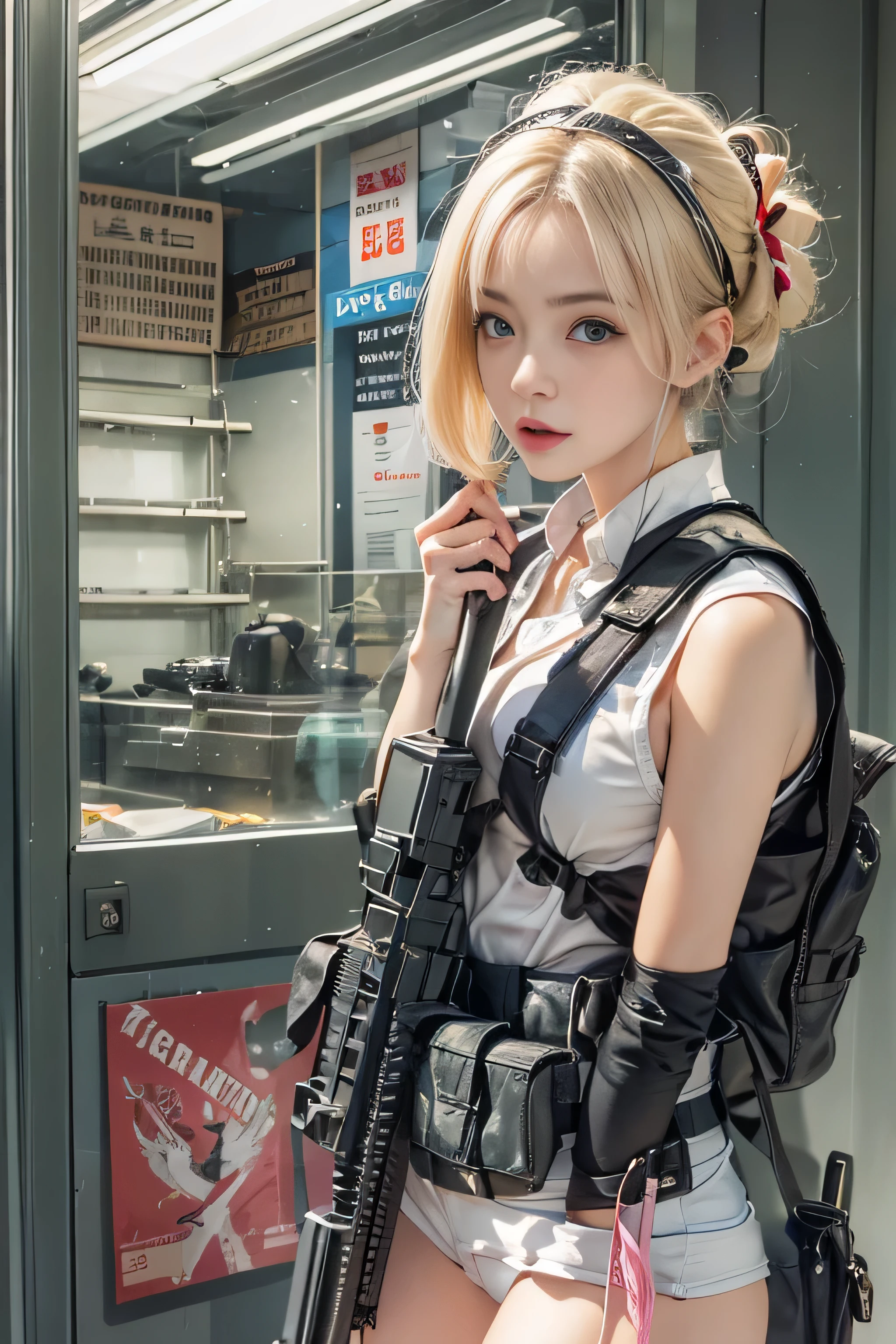 RAW image quality, realistic, High resolution, 1 female, , Japanese, blonde, straight short bob hair, ribbon, alone, sexy, hip up, show viewer, (detailed face), swat vest, gun, jewelry, (nishikigi chisato),