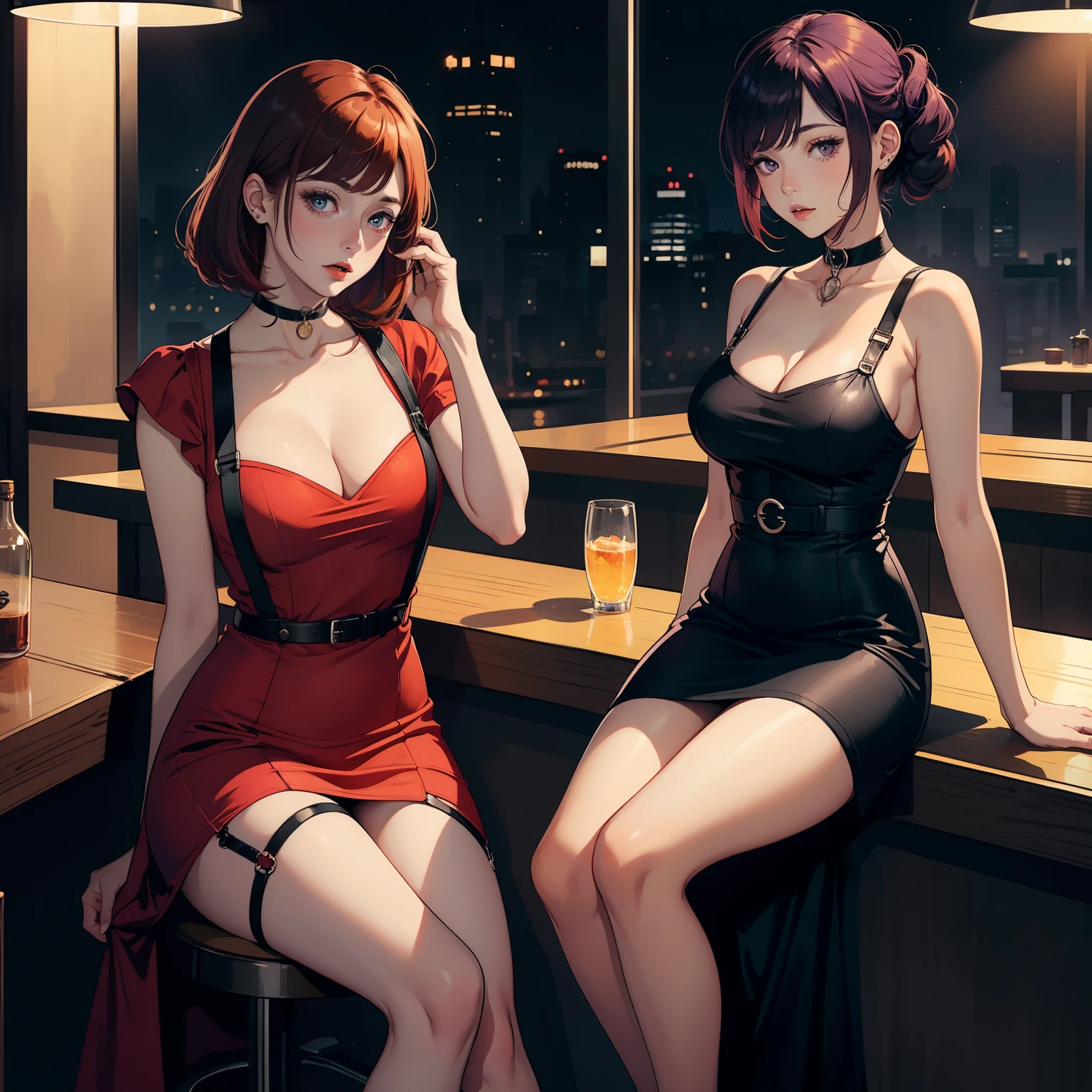 best qyality, perky tits, 8k, stocking suspenders, woman, medium breasts, jazz club, (red dress:1.2) (black dress:1.4), bob hairstyle, choker around the neck, starry eyes, noir style, professional, (ginger hair:1.3) (purple hair:1.1) full height, girl sitting at the club counter, dim light indoors, japan
