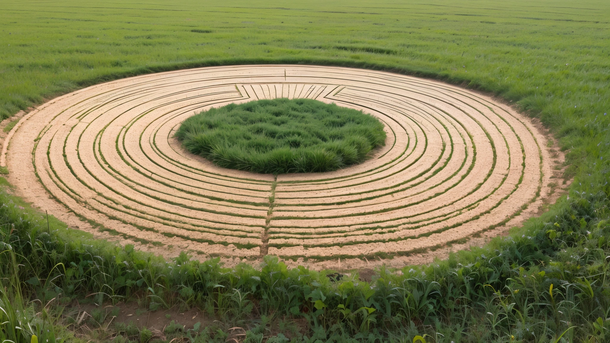 Crop circles in a field with strange patterns