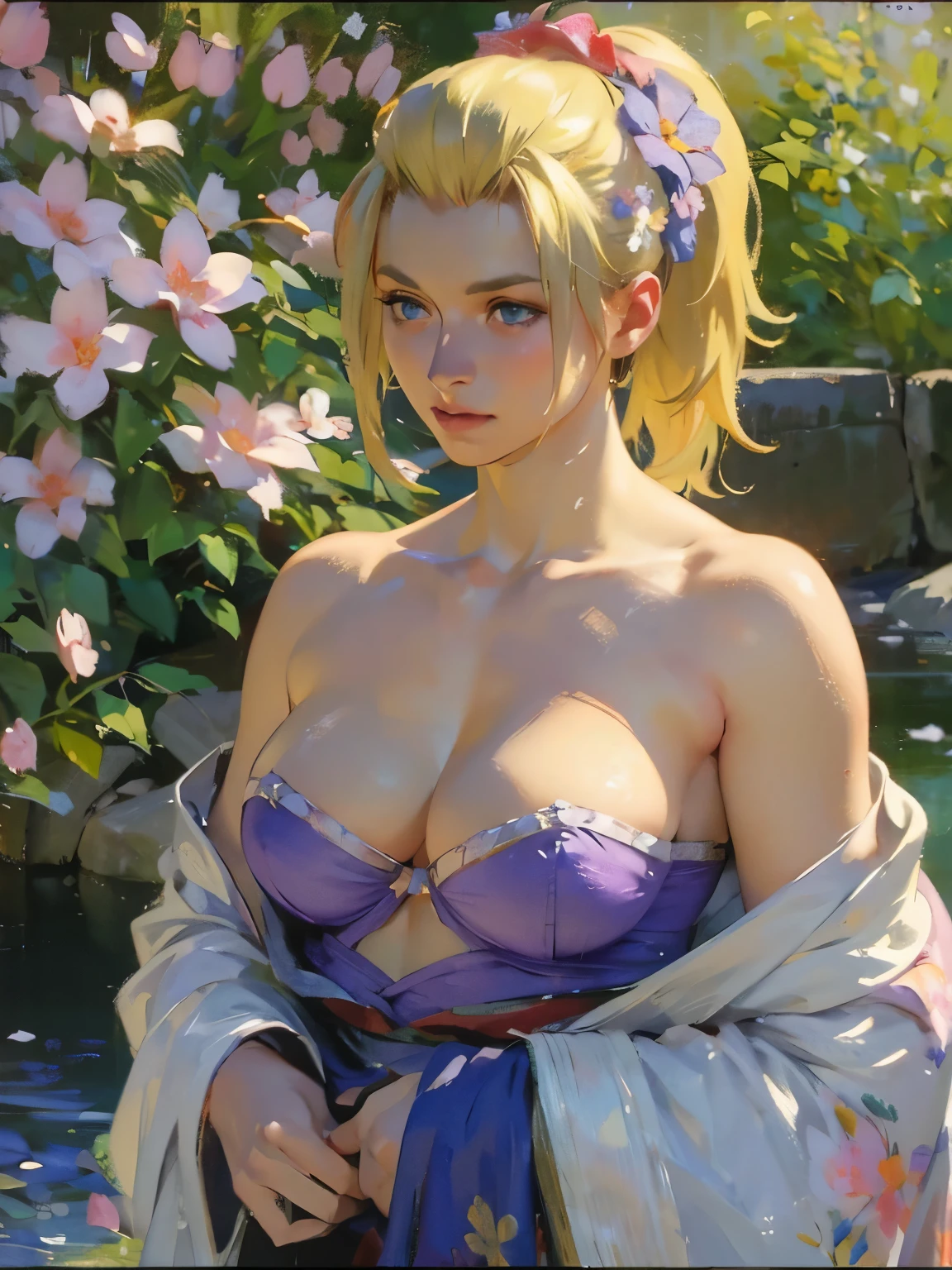 ,art by Carl Larsson:1.2,(post-Impressionist),monet color,stream,close shot,,the whole body,oil painting,Droplets,well,soft lighting,COOL,setsuka,blonde hair,lips,blue eyes,collarbone,ponytail, hair flower,floral print kimono,purple strapless bra,cleavage, standing, upper body, japanese village, spring, (insanely detailed,