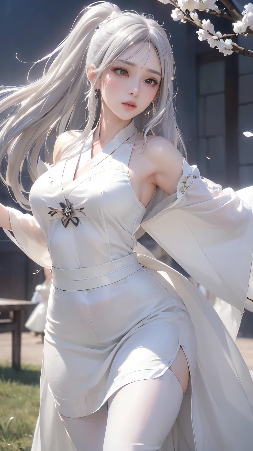 (logo、masterpiece、8k、table top、RAW photo、wonderful、最high quality、Photorealistic and hvery detailed CG integrated 8k wallpaper、high quality、very detailed、narrative poem、particle effects、dynamic effects、Depth of the bounds written、cinematic light、Lens flare、ray tracing)、fantasy、 (1 beautiful woman、white kimono、white long dress、silver haired、beautiful face、real face、beautiful detail eyes、beautiful skin、woman dancing gracefully:1.7、woman dancing gracefully:1.7)、Hair flutters in Wind、hair bounces、髪がWindで踊る、hair jump、night、Wind、darkness、grassland、vast land、Spectacular view、美しい自然のWind景、night空、Wind、Cherry tree、Cherry blossom petals are dancing、SakuraFubuki、Falling petals
