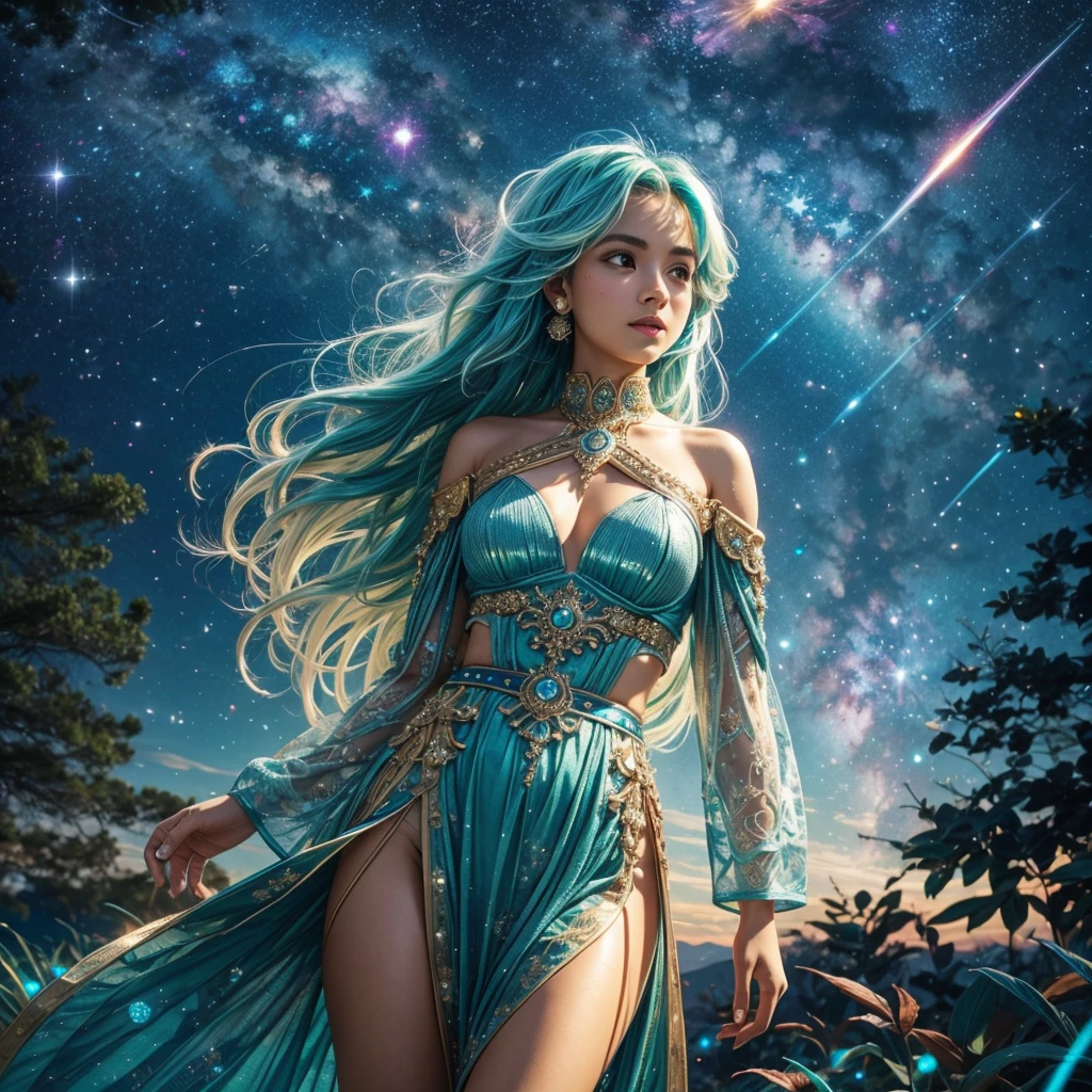 Girl with iridescent hair and detailed teal dress armor, Are standing, rainbow colored space nebula background, performer, Milky Way, intricate details, perfect face