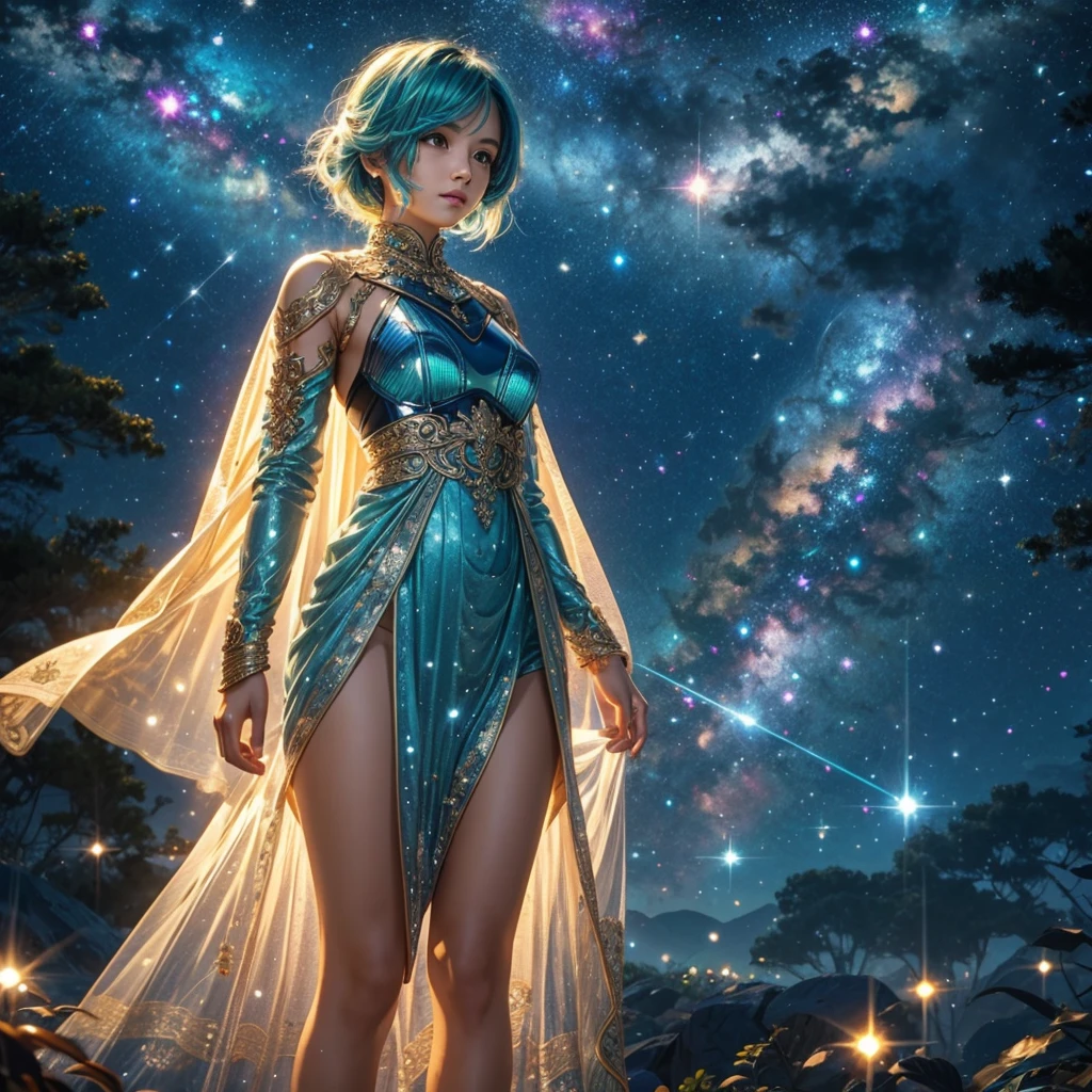 Girl with iridescent hair and detailed teal dress armor, Are standing, rainbow colored space nebula background, performer, Milky Way, intricate details, perfect face