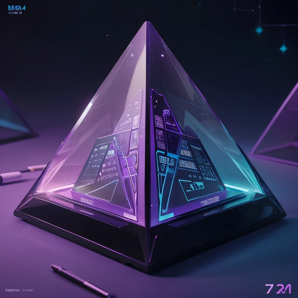 futuristic looking calendar thats transparent with purple turquoise hues psychedelic style with a hint of neon tendencies very detailed ultra realistic 77k high definition truly exquisite  in a pyramid shape