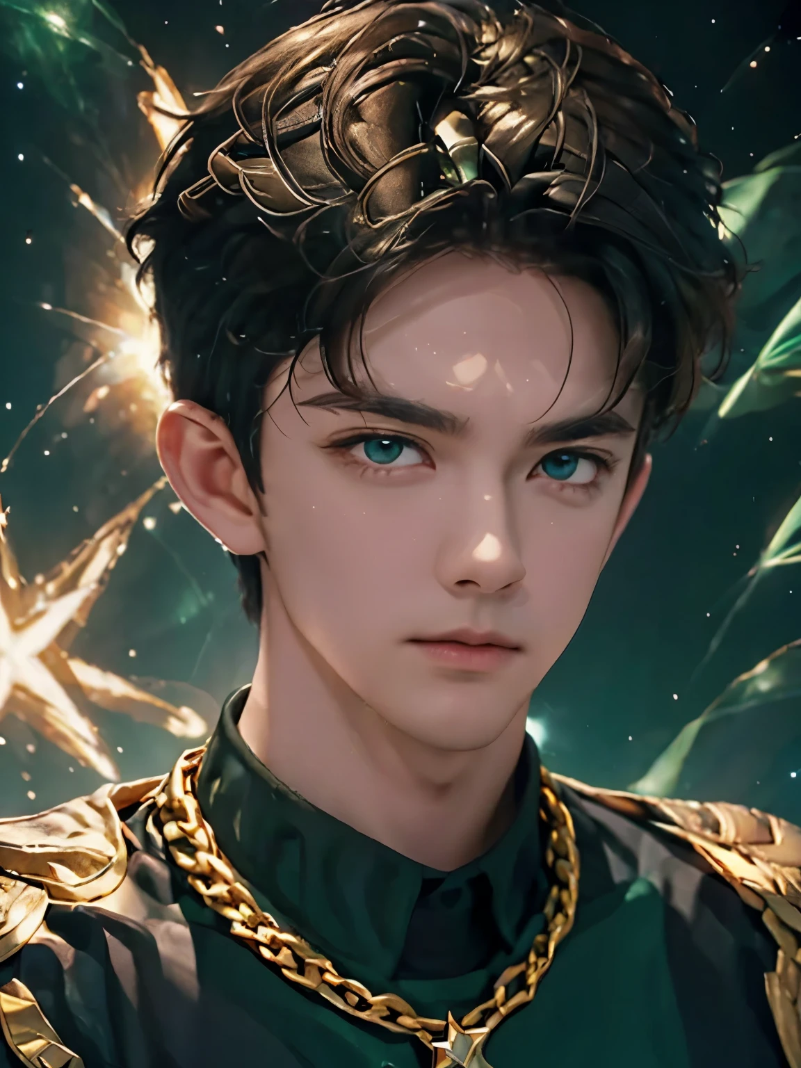 Attractive guy , the boy has very short brown hair, Emerald eyes, on a black background - galaxy , stars . magical look ! gold chain with emerald around the neck.  top quality portrait photo !