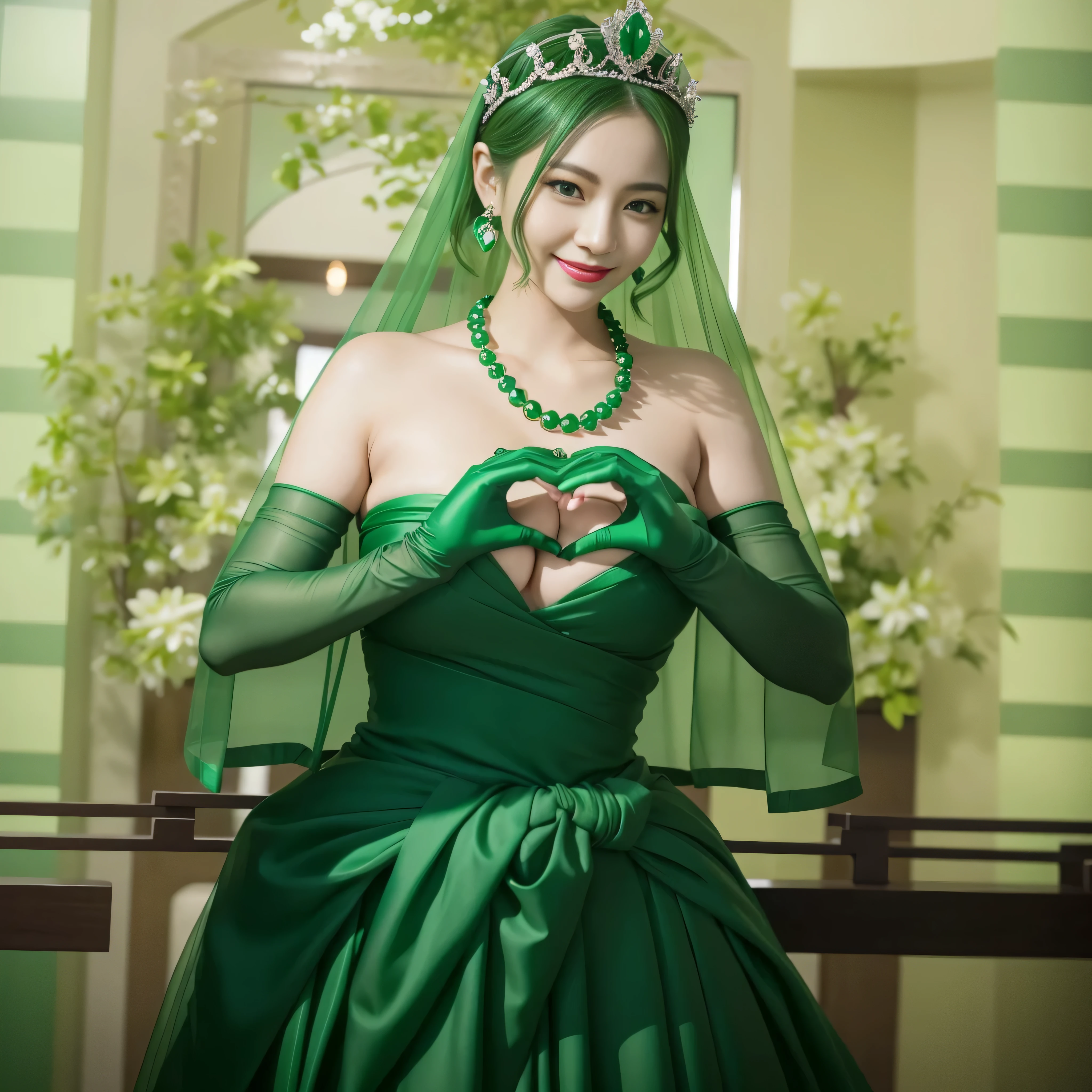 emerald tiara, Green Pearl Necklace, ボーイッシュな非常に短いgreen hair, lipstick, smiling Japanese woman, very short hair,  beauty of big breasts, green eyes, green satin long gloves, green eyes, emerald earrings, Green veil, Heart with both hands, green hair, beautiful japanese woman, heart shaped hands:1.3, green lip gloss