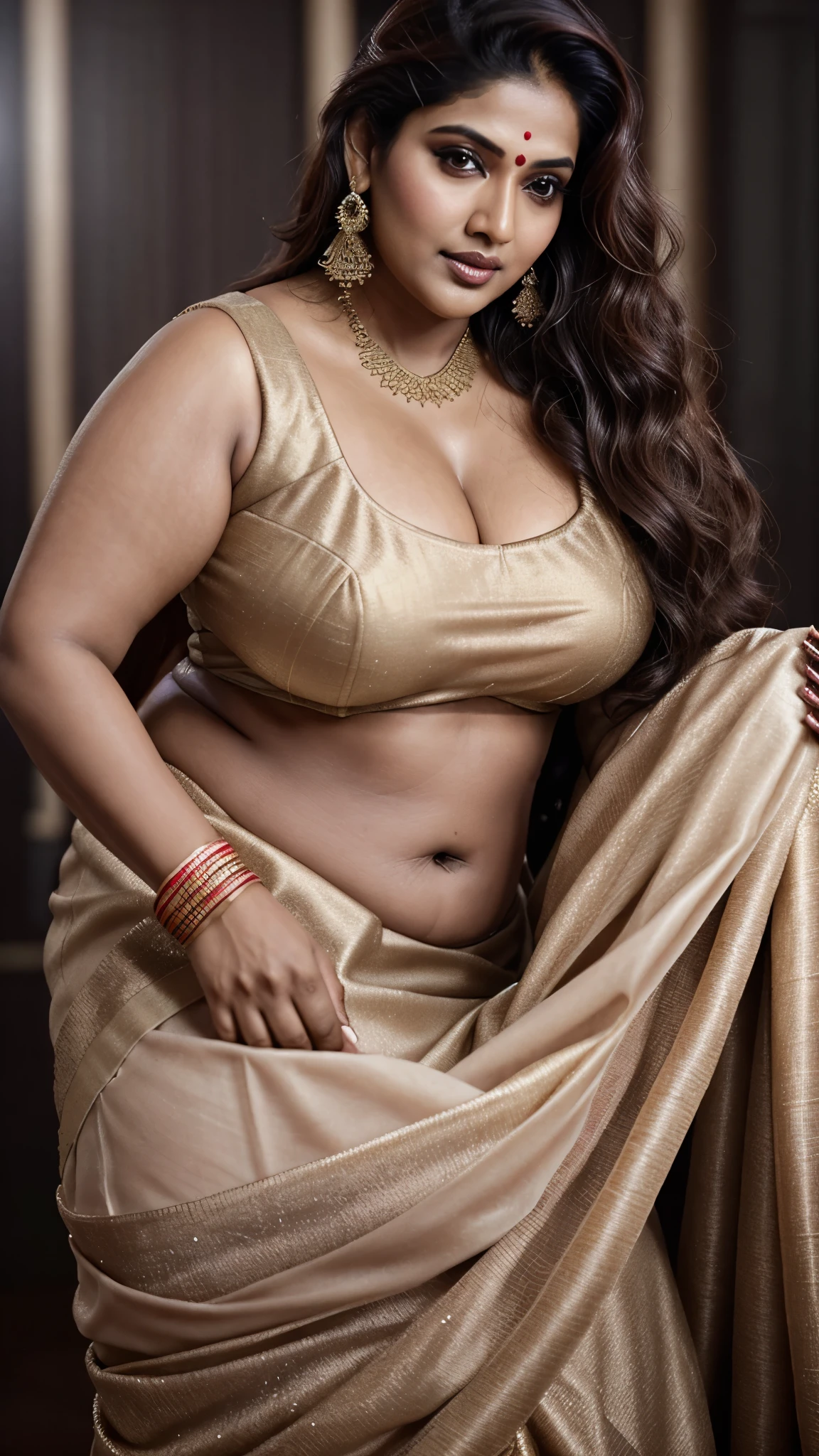 Looks like Indian Actress khushboo Sundar, actress khusbu Sundar, mallu, semma figaru, mallu aunty, desi aunty, full figured mature beauty, attractive figure, 48 years old, desi milf, desi aunty, a close up of a woman in a red dress on a runway, inspired by Avigdor Arikha, sleek!!!, indian super model, wavy hair combed to one side, actress, by Jitish Kallat, smoldering, intense smoldering, fashion, an angel, print ready, with a dramatic looking, inspired by Sudip Roy, tense look