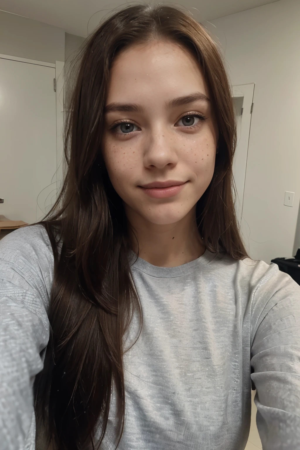 1woman, young, straight hair, freckles, gray eyes, closed smile, (details of the face), taking a selfie, long-sleeved, white, tight shirt, (Insane details), camera view. 