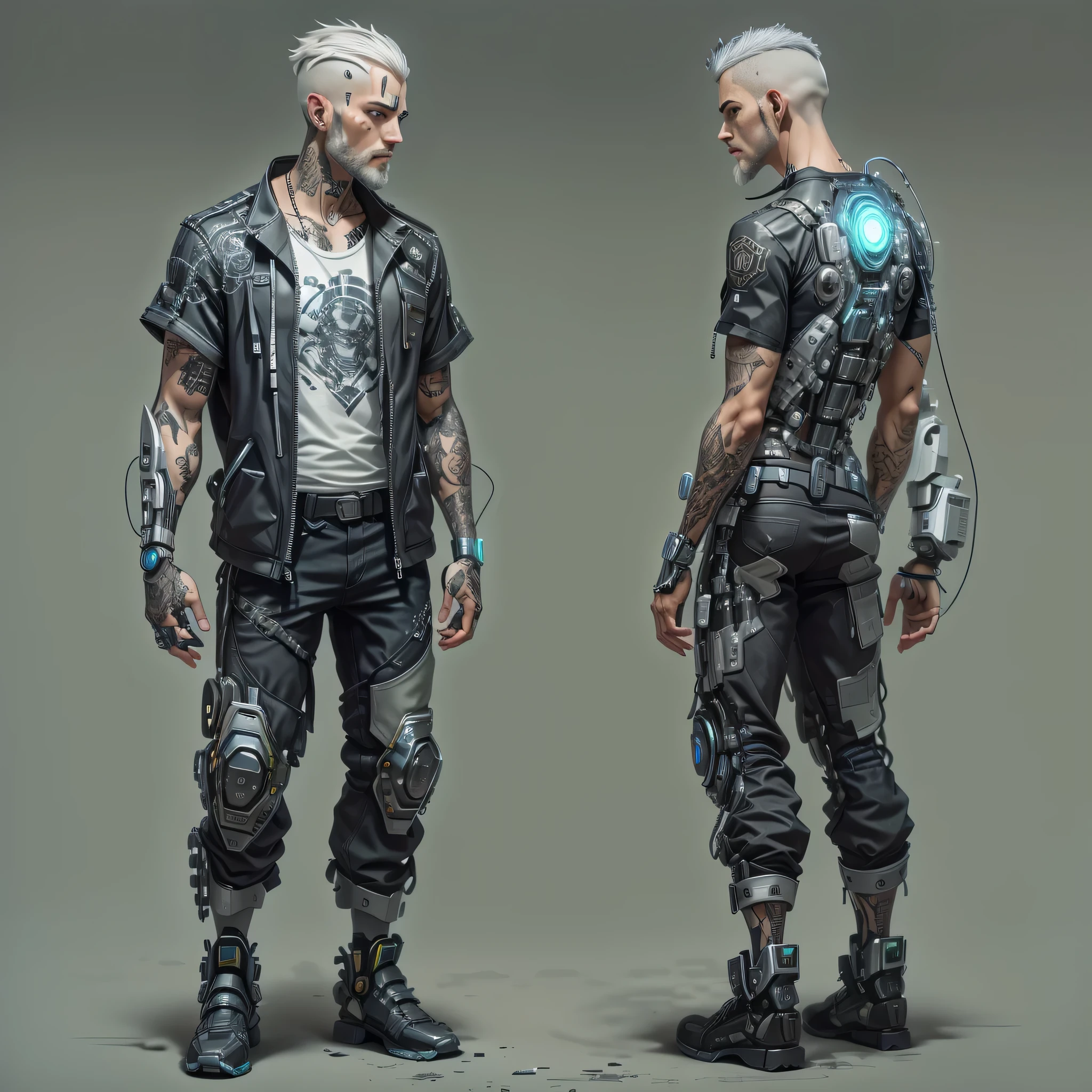 thin man, serious face, male,gray hair, short beard, with cybernetic arm, robotic arm, with robotic prosthesis,implants on face,wearing comfortable clothes, jeans cinza, camisa regata cinza, t-shirt, shirt, tattoo on upper arm,with all hair shaved, very short hair, full body, cyberpunk, dark cyberpunk, futuristic.