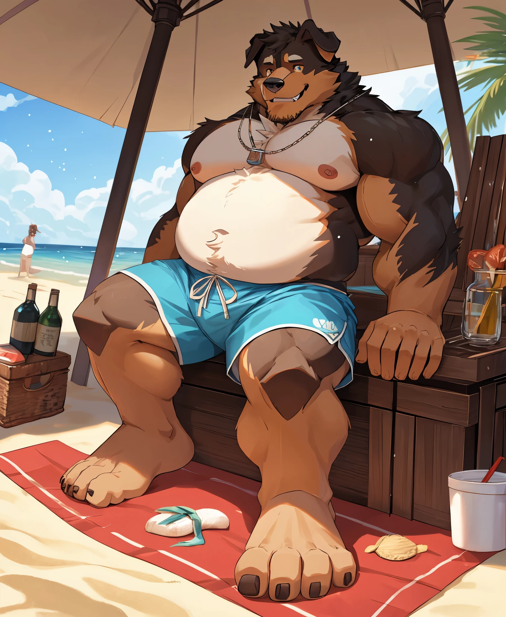 depth of field, perfect lighting, light particles,(best quality),(masterpiece),(ultra de oba ed),sharp focus,light particles, mouth, bernese mountain dog orc,hairy,Fat,muscle,beach,coconut palm,Beach mat,躺在Beach mat上,Beach Shorts,Naked from the waist down,Slightly fat,shy smile,blue sky,seagull,barefoot,hairy脚,Meat pads for the soles of the feet,drinks,sunny,,Super detailed faces,Super detailed body hair,Super detailed cute smile,strong body,Super detailed body sculpting,Masters paint,uncle,affable,brown pupils,bernese mountain dog coat color,long droopy ears,hairy长耳朵,high,lying on a beach