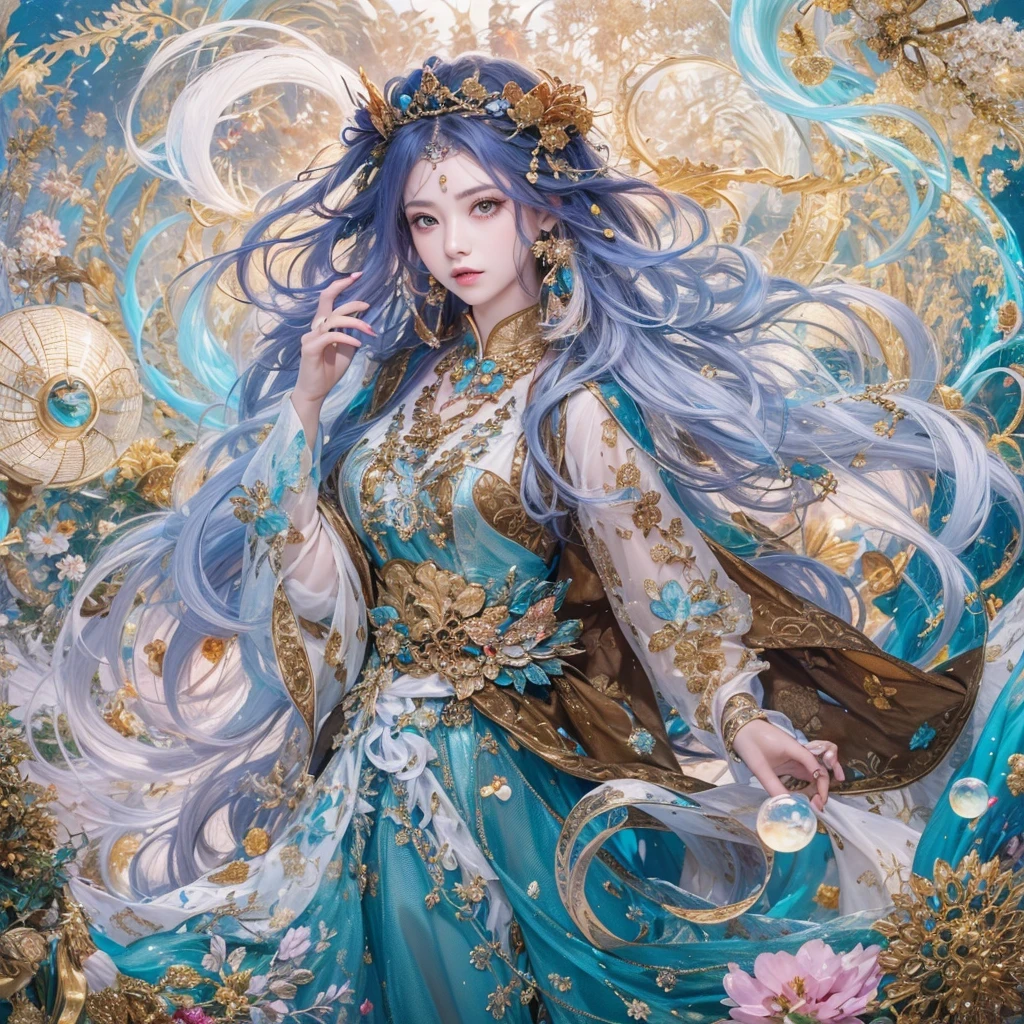 黄 blue colors,enamel,agate,A flesh-colored world,Blood Blue Maiden 32k(masterpiece,HD,Aoyama Pond,Ultra high quality,32k)long flowing bright blue hair,blood pool,Ziddink, a color,Grumpy (After greeting), (Linen scarf), fighting stance, looking at the ground, long white hair, Floating bright blue, Fire cloud gold headdress, Chinese long-sleeved gold silk burgundy garment, (Abstract metaverse splash:1.2), White background,Peony flower vitality protector(realistically:1.4),bright purple hair,Smoke on the road,The background is very pure, high resolution, detail, RAW photos, Sharp Re, Nikon D850 film photo by Jefferies Lee 4 Kodak Portra 400 camera F1.6 guns, colorful, Ultra-realistic and vivid textures, dramatic lighting, Unreal Engine Art Station Trend, Sinest 800,一个有着long flowing bright blue hair的女孩,huge colorful bubbles
