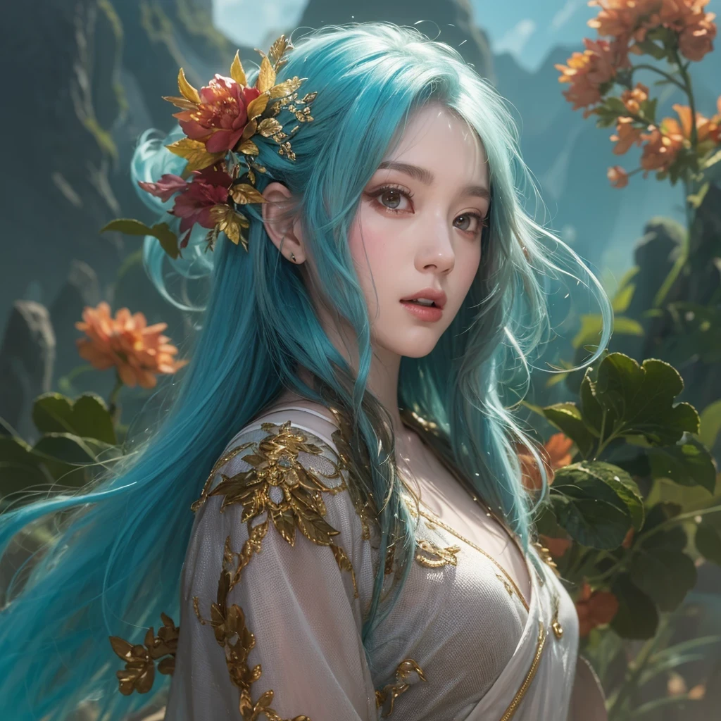 A woman with blue hair and a flower in her hair - SeaArt AI