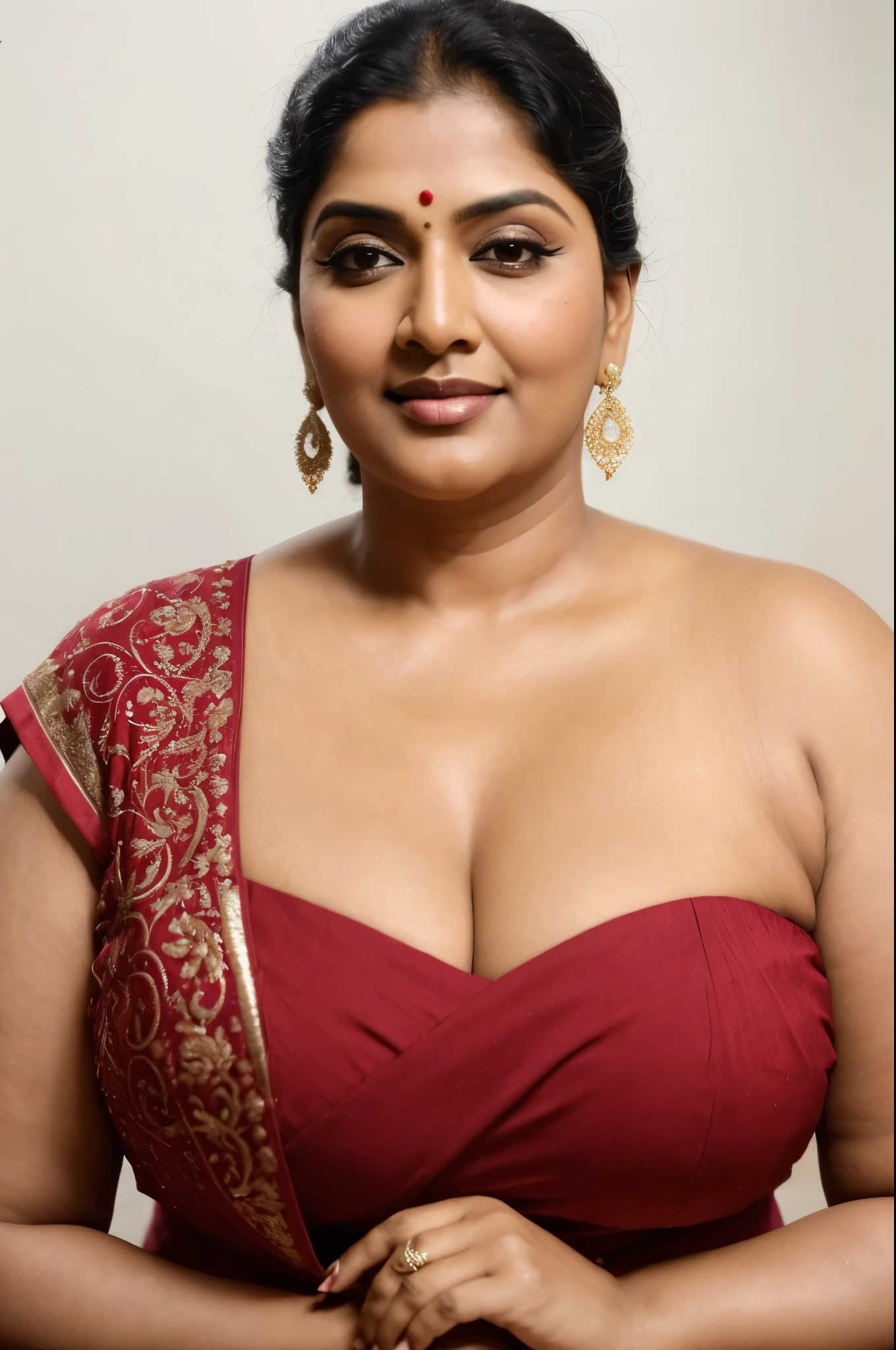 Looks like Indian Actress khushboo Sundar, actress khusbu Sundar, mallu, mallu aunty, desi aunty, full figured mature beauty, attractive figure, 48 years old, desi milf, desi aunty, a close up of a woman in a red dress in a bedroom, inspired by Avigdor Arikha, sleek!!!, indian super model, wavy hair combed to one side, actress, by Jitish Kallat, smoldering, intense smoldering, fashion, an angel, print ready, with a dramatic looking, inspired by Sudip Roy, seductive look