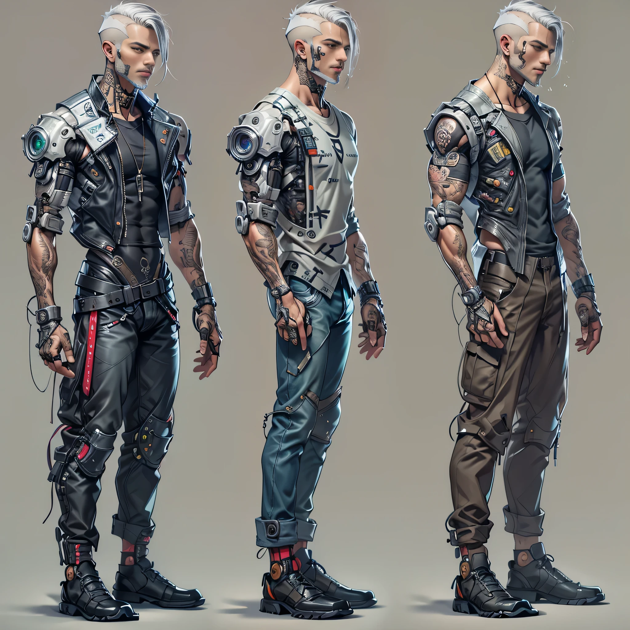 thin man, serious face, male,gray hair, barba curta, with cybernetic arm, robotic arm, with robotic prosthesis,implants on face,wearing comfortable clothes, jeans cinza, camisa regata cinza, t-shirt, shirt, tattoo on upper arm,with all hair shaved, very short hair, full body, cyberpunk, dark cyberpunk, futuristic.