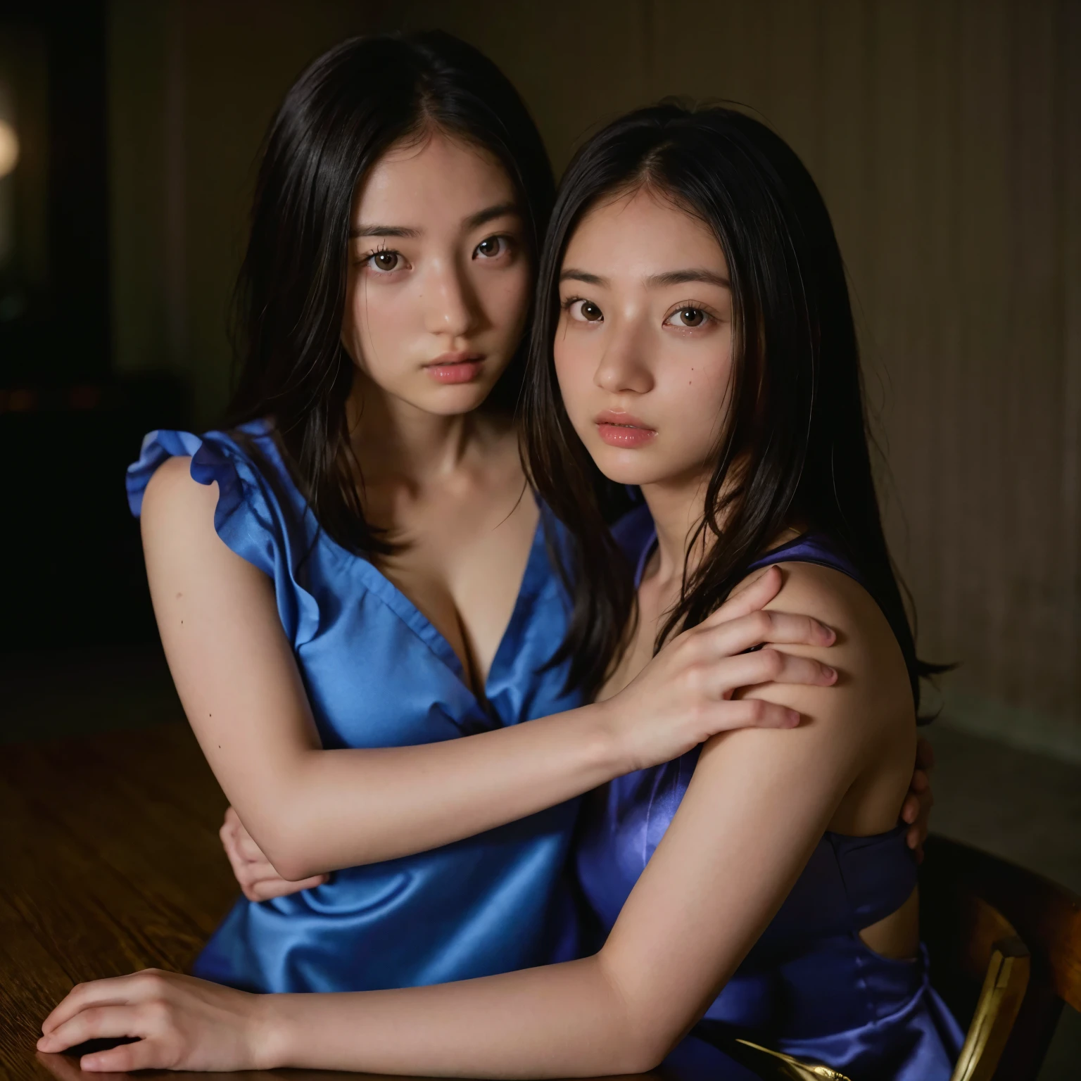 (table top, highest quality, beautiful quality), (realistic:1.4), (detailed lighting, highly detailed skin, very fine hair, shadowy, 8k, 15 years old with baby face、Identical twin sisters of girls:1.2), looking at the viewer, (high key lighting), highest quality, official art, unity 8k wallpaper, 超A high resolution, hug me close、lesbian、love、super detailed, beautiful and aesthetic